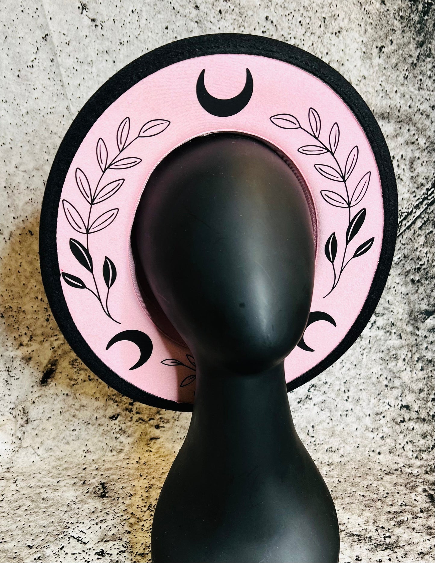 Vegan Felt Wide Brim Hat - "Pastel Pink Fern Moon" - -