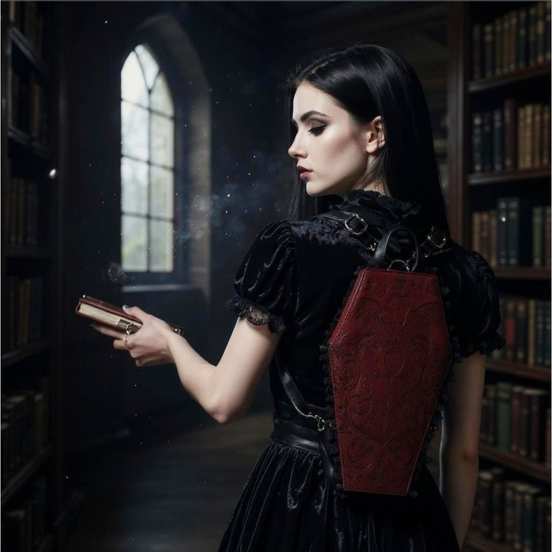 Vegan Leather Coffin Backpack – Gothic Brocade Lace Trim Bag Adjustable Straps