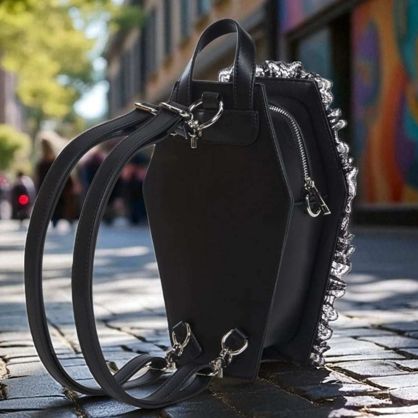 Vegan Leather Coffin Backpack – Gothic Brocade Lace Trim Bag Adjustable Straps