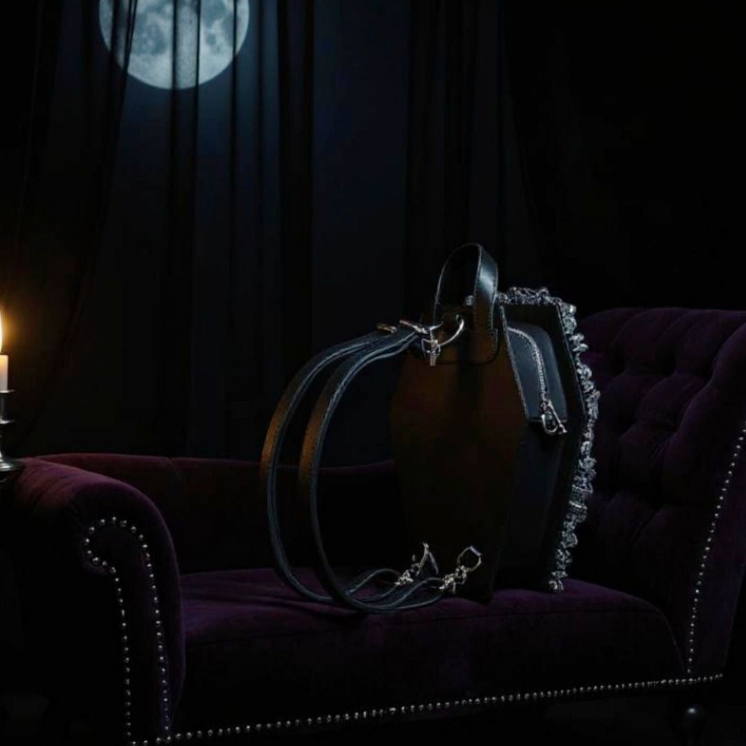 Vegan Leather Coffin Backpack – Gothic Brocade Lace Trim Bag Adjustable Straps