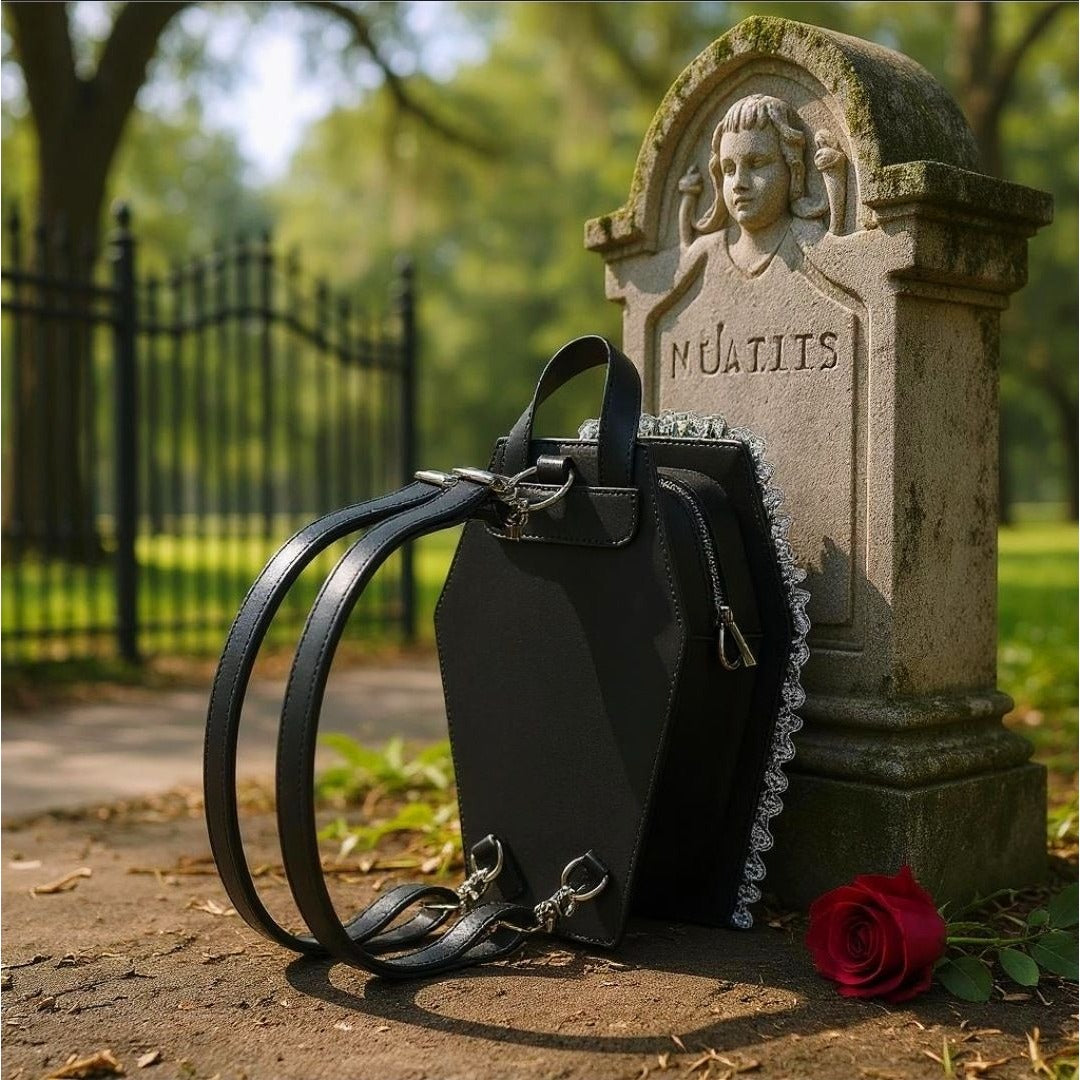 Vegan Leather Coffin Backpack – Gothic Brocade Lace Trim Bag Adjustable Straps