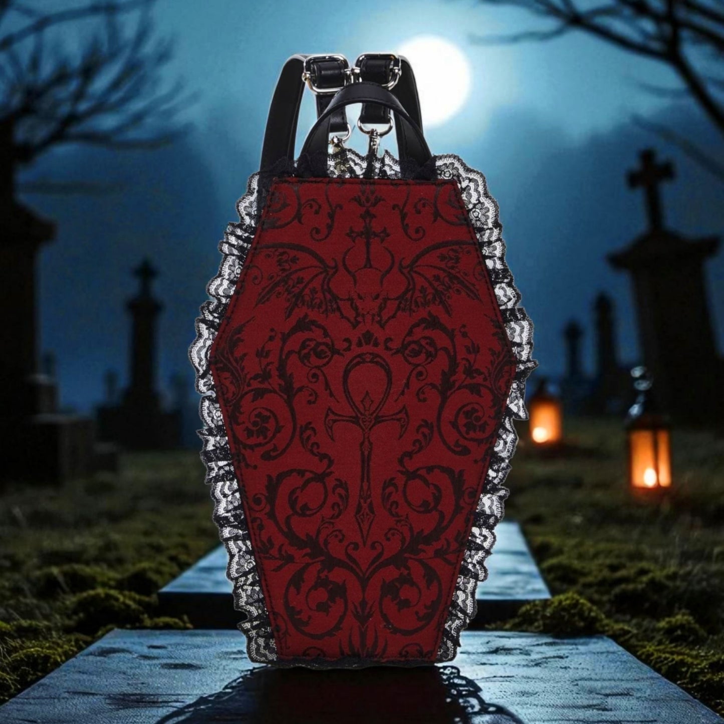Vegan Leather Coffin Backpack – Gothic Brocade Lace Trim Bag Adjustable Straps