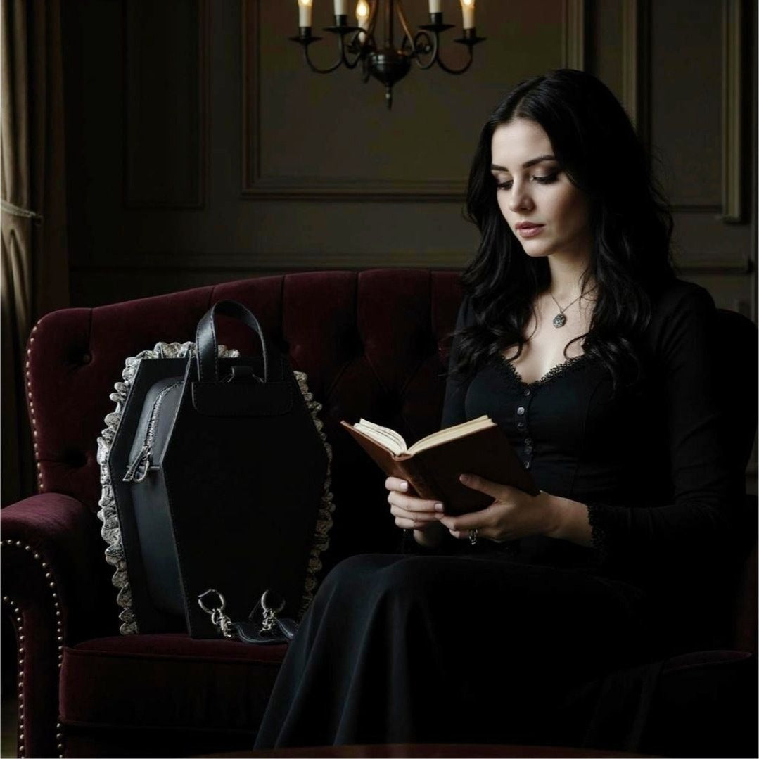 Vegan Leather Coffin Backpack – Gothic Brocade Lace Trim Bag Adjustable Straps