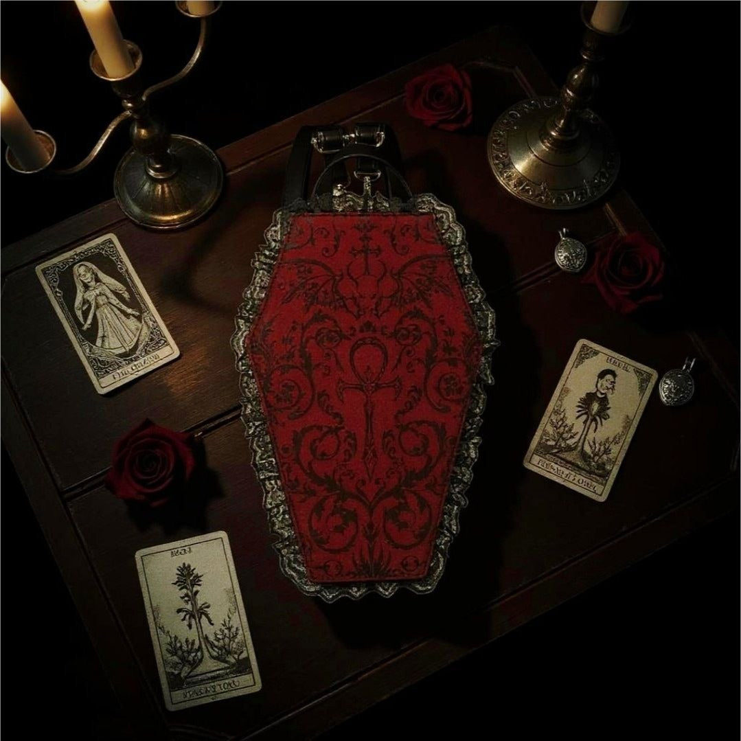 Vegan Leather Coffin Backpack – Gothic Brocade Lace Trim Bag Adjustable Straps