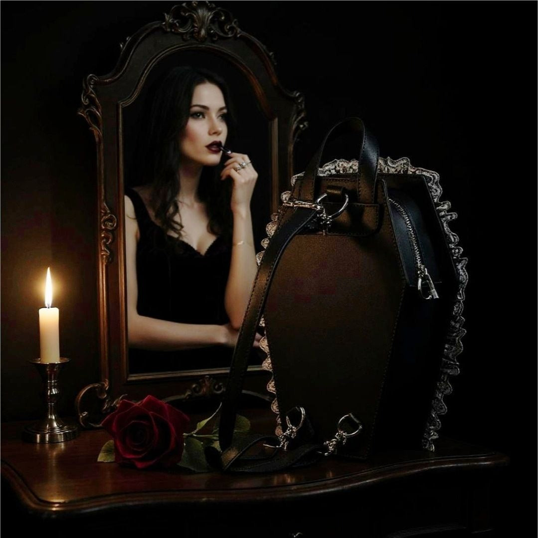 Vegan Leather Coffin Backpack – Gothic Brocade Lace Trim Bag Adjustable Straps