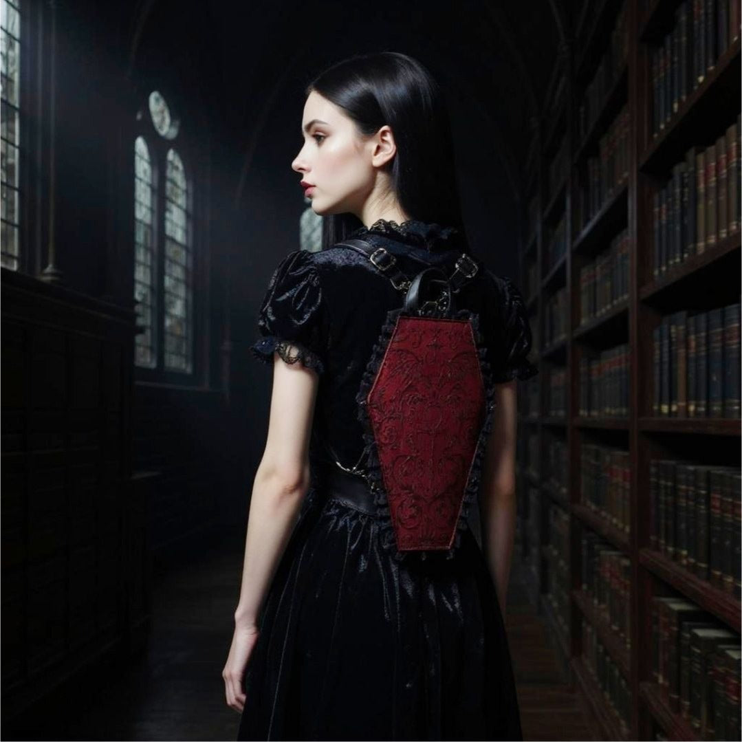 Vegan Leather Coffin Backpack – Gothic Brocade Lace Trim Bag Adjustable Straps