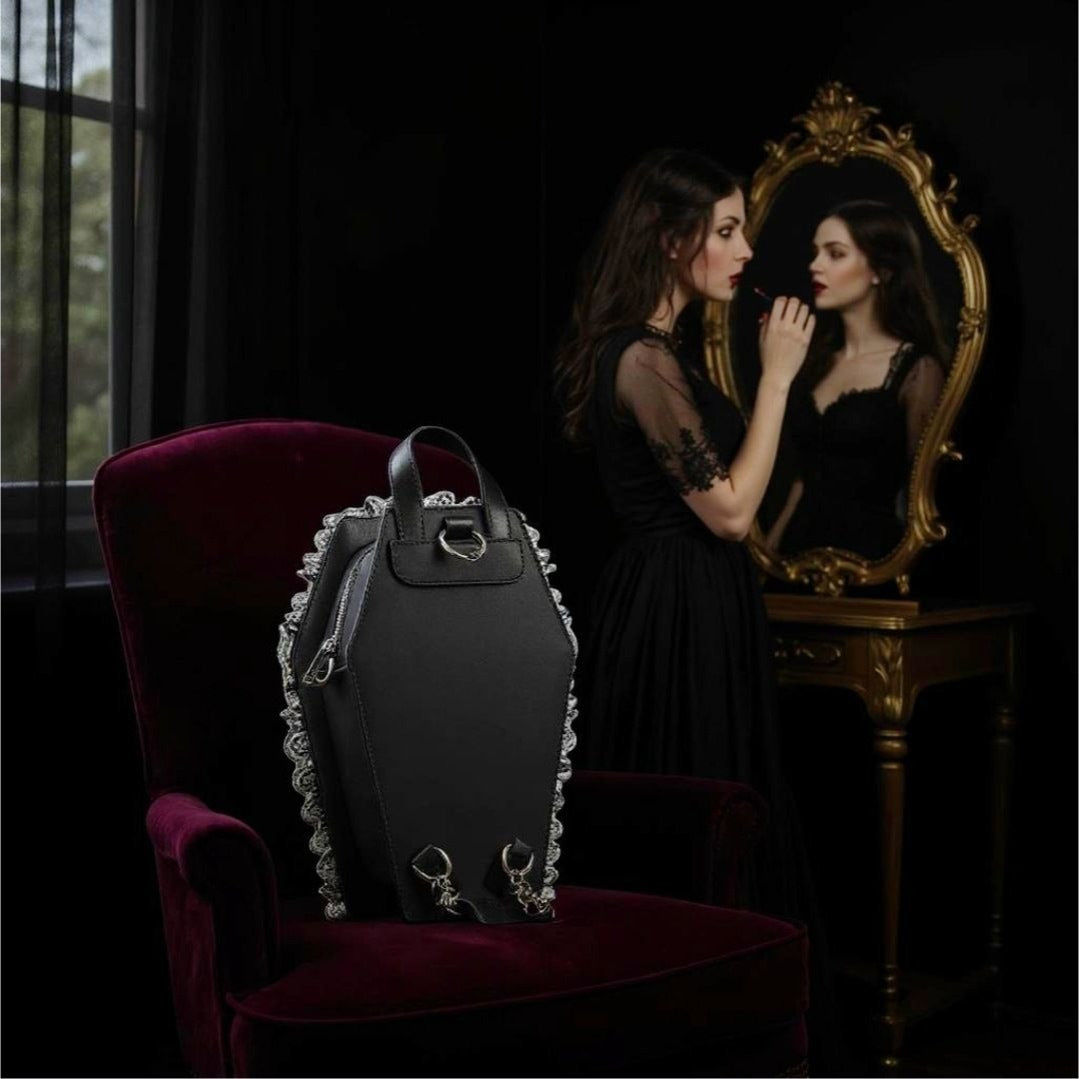 Vegan Leather Coffin Backpack – Gothic Brocade Lace Trim Bag Adjustable Straps