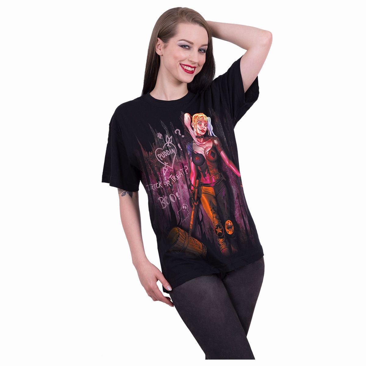 HARLEY QUINN - TRICK OR TREAT - Front Print T-Shirt Black - - T-Shirts