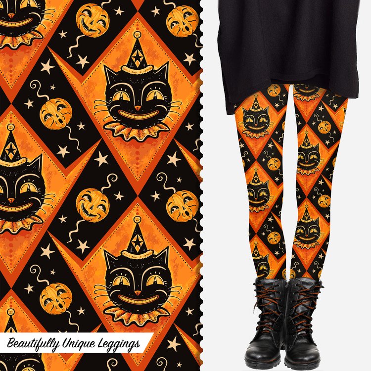 "Grinning Jack" (Johanna Parker Exclusive) Orange Vintage Cat - High-quality Handcrafted Vibrant Leggings -  - Leggings