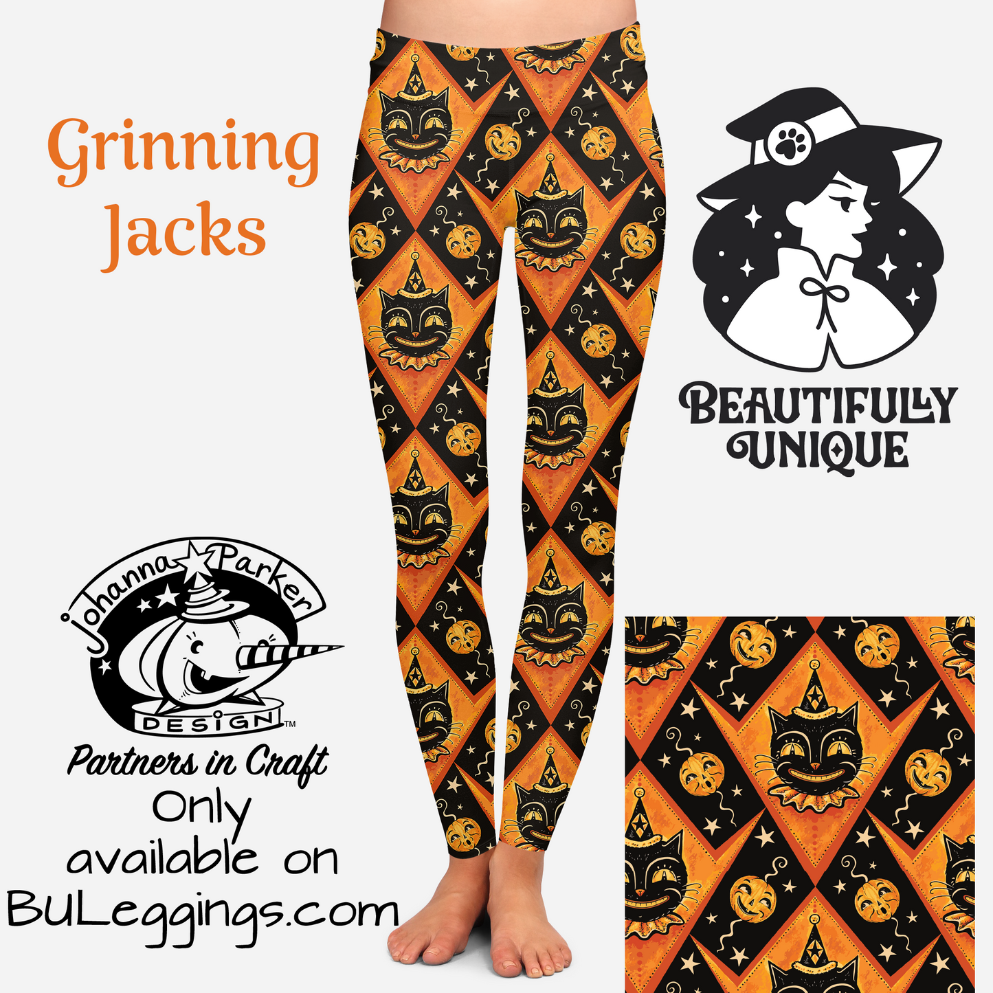 "Grinning Jack" (Johanna Parker Exclusive) Orange Vintage Cat - High-quality Handcrafted Vibrant Leggings -  - Leggings
