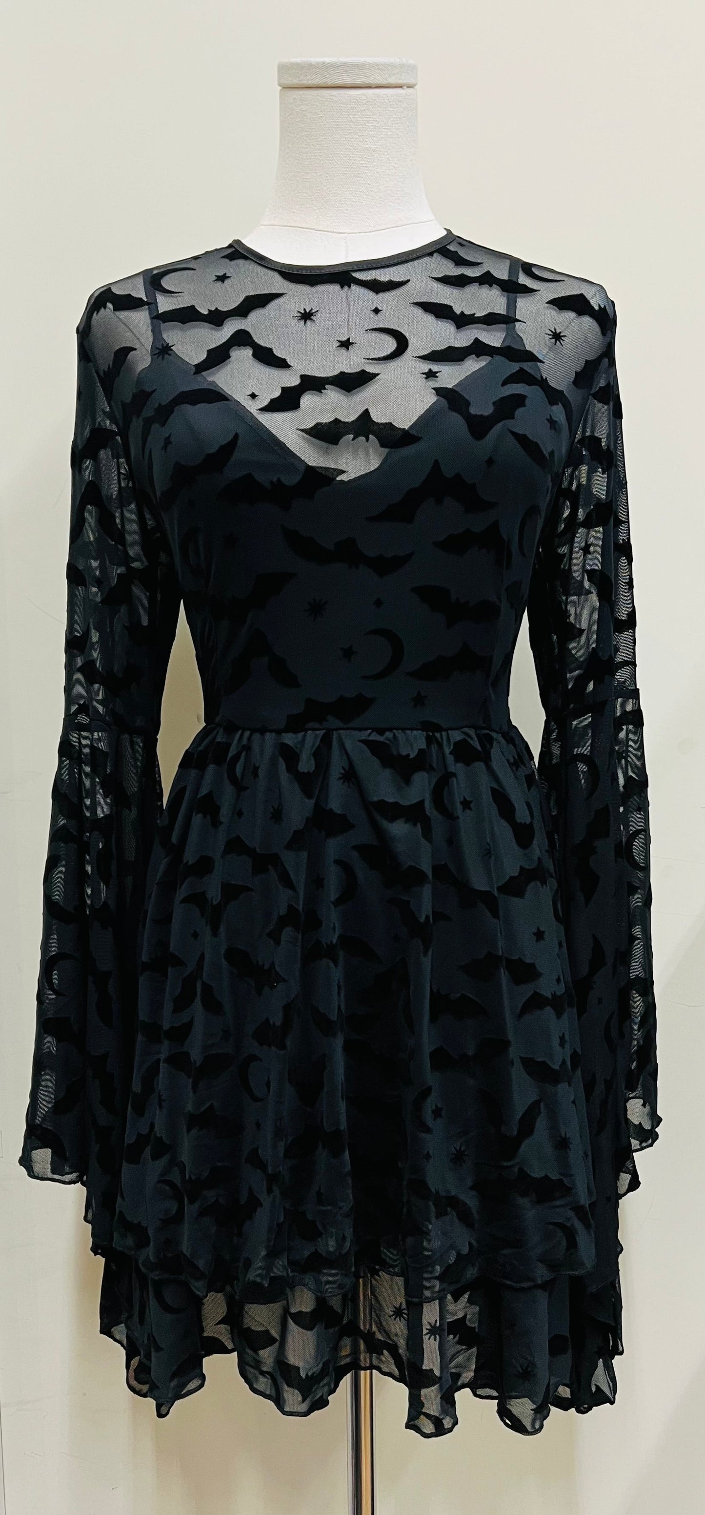 Dracuella Velvet Bat Mini Dress - Gothic Witch Dress - Bell Sleeve Witchy Dress