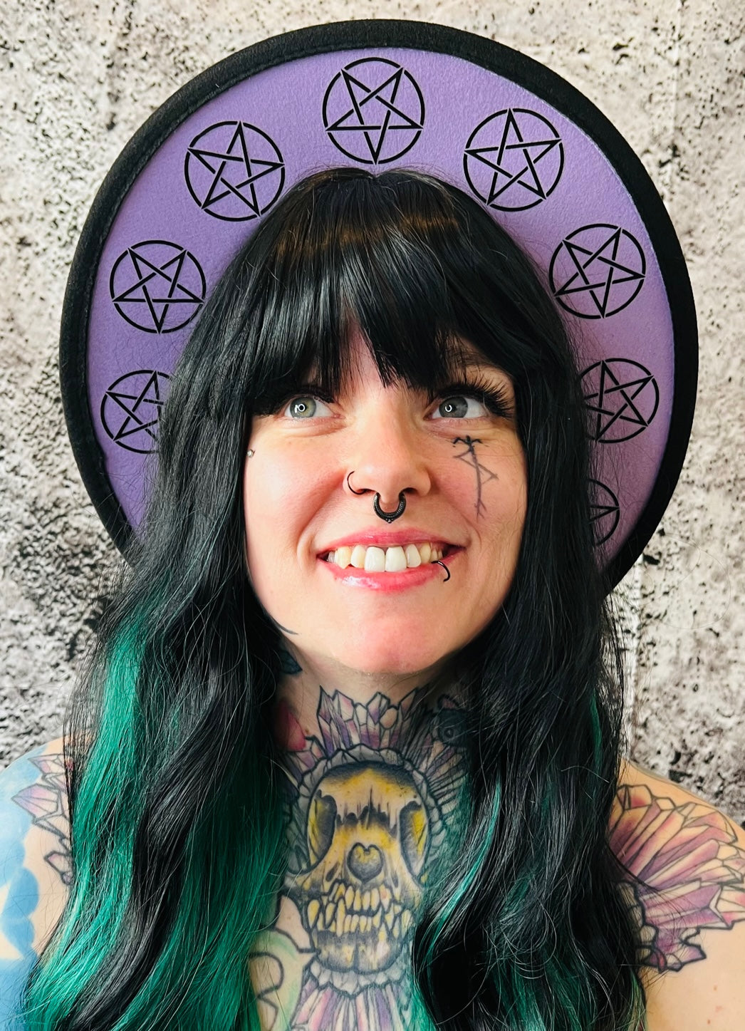 Vegan Felt Wide Brim Hat - "Lavender Pentacles" - -