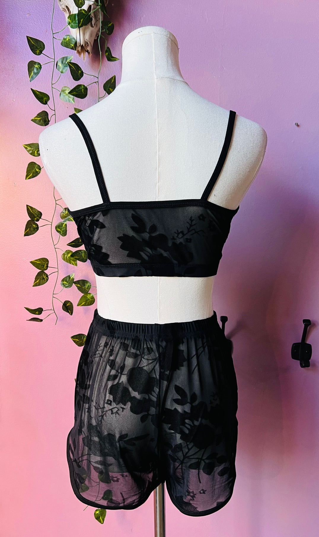 The Sinister Set - GOTHIC FLORAL - Sheer Velvet Flocked Floral Bra & Shorts Set - PRE-ORDER - -