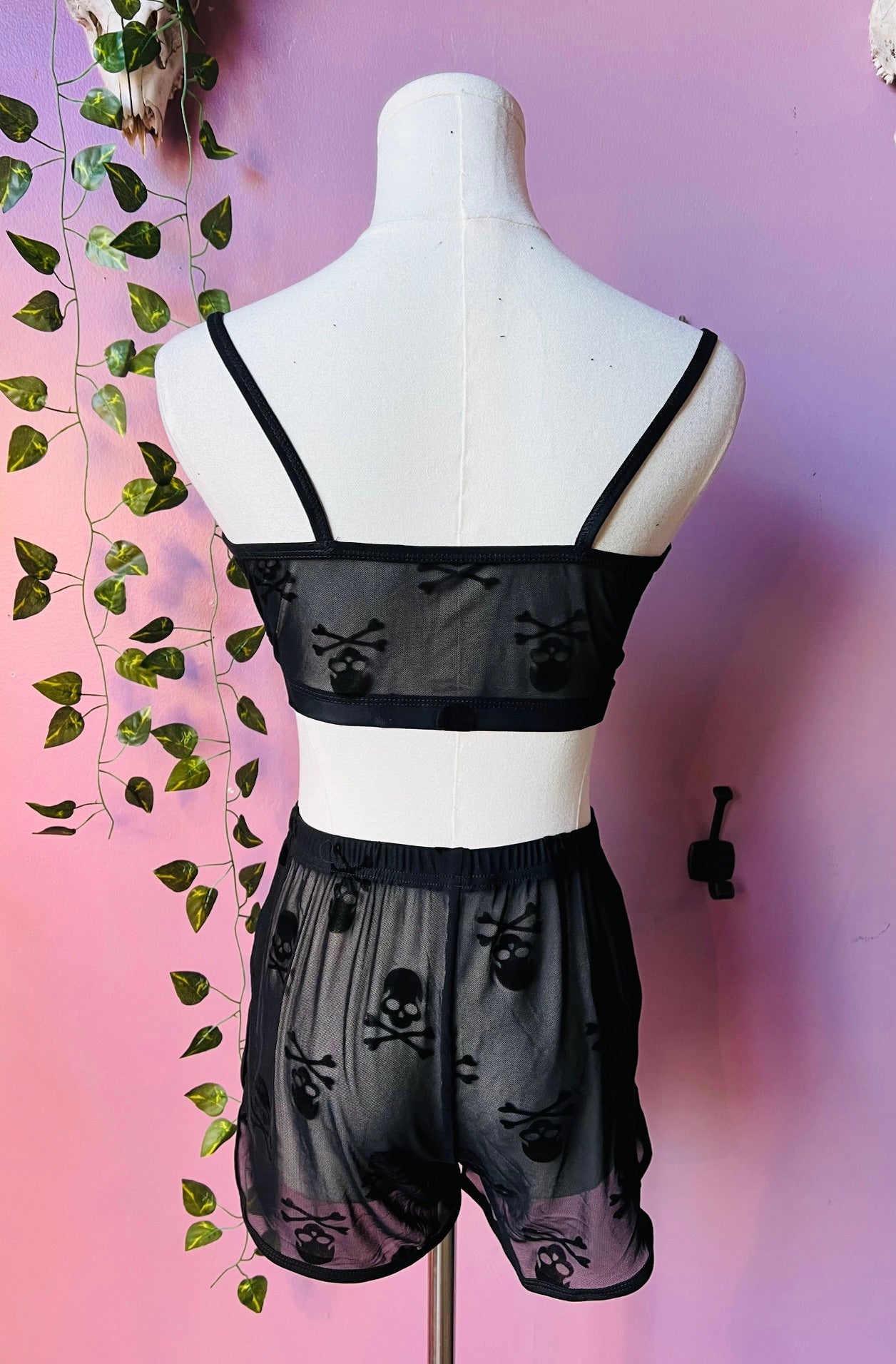 The Sinister Set - SKULLS - Sheer Velvet Flocked Skulls Bra & Shorts Set - PRE-ORDER - -