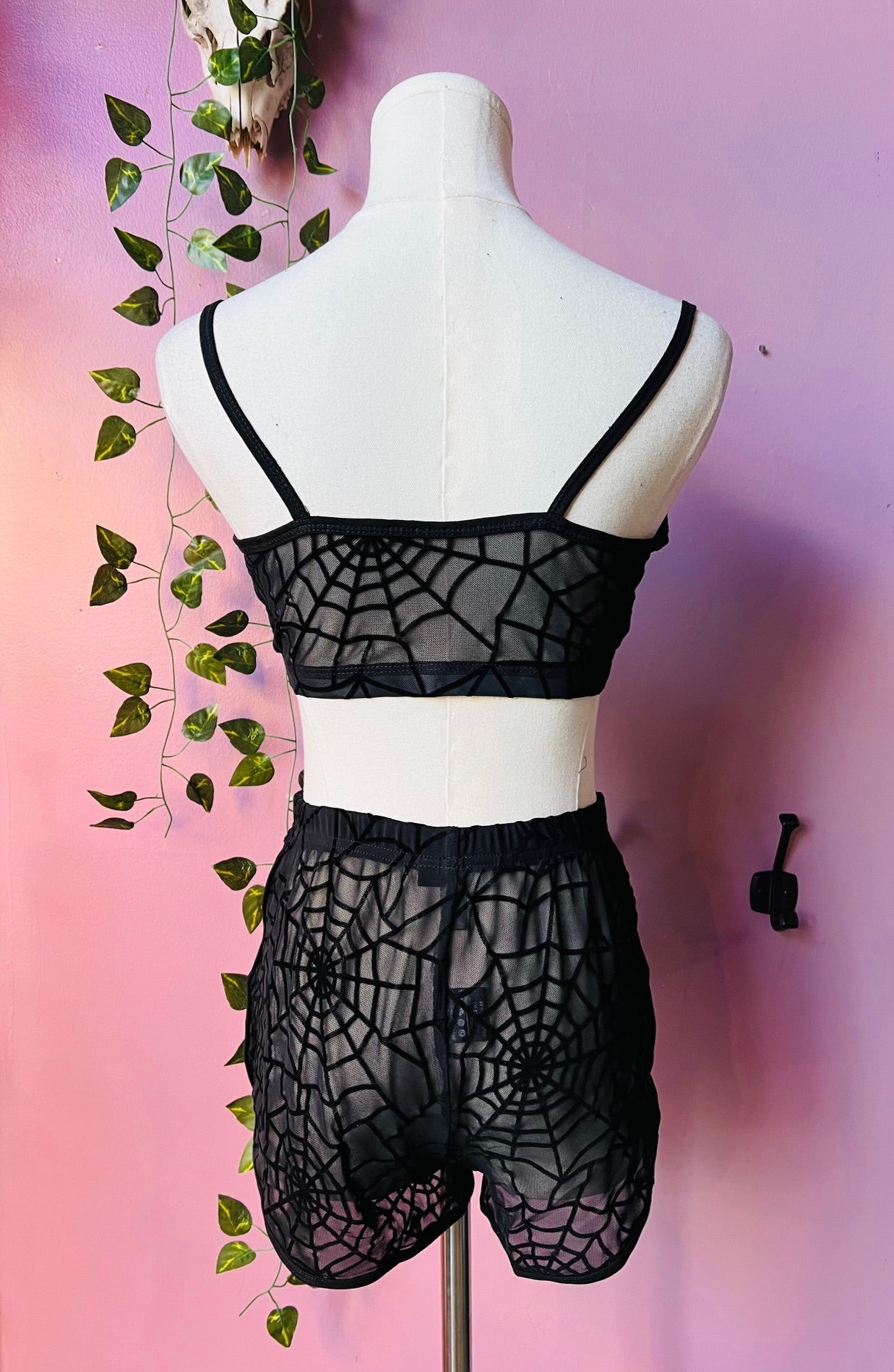 The Sinister Set - WEBS - Sheer Velvet Flocked Spider Web Bra & Shorts Set - READY To SHIP - -