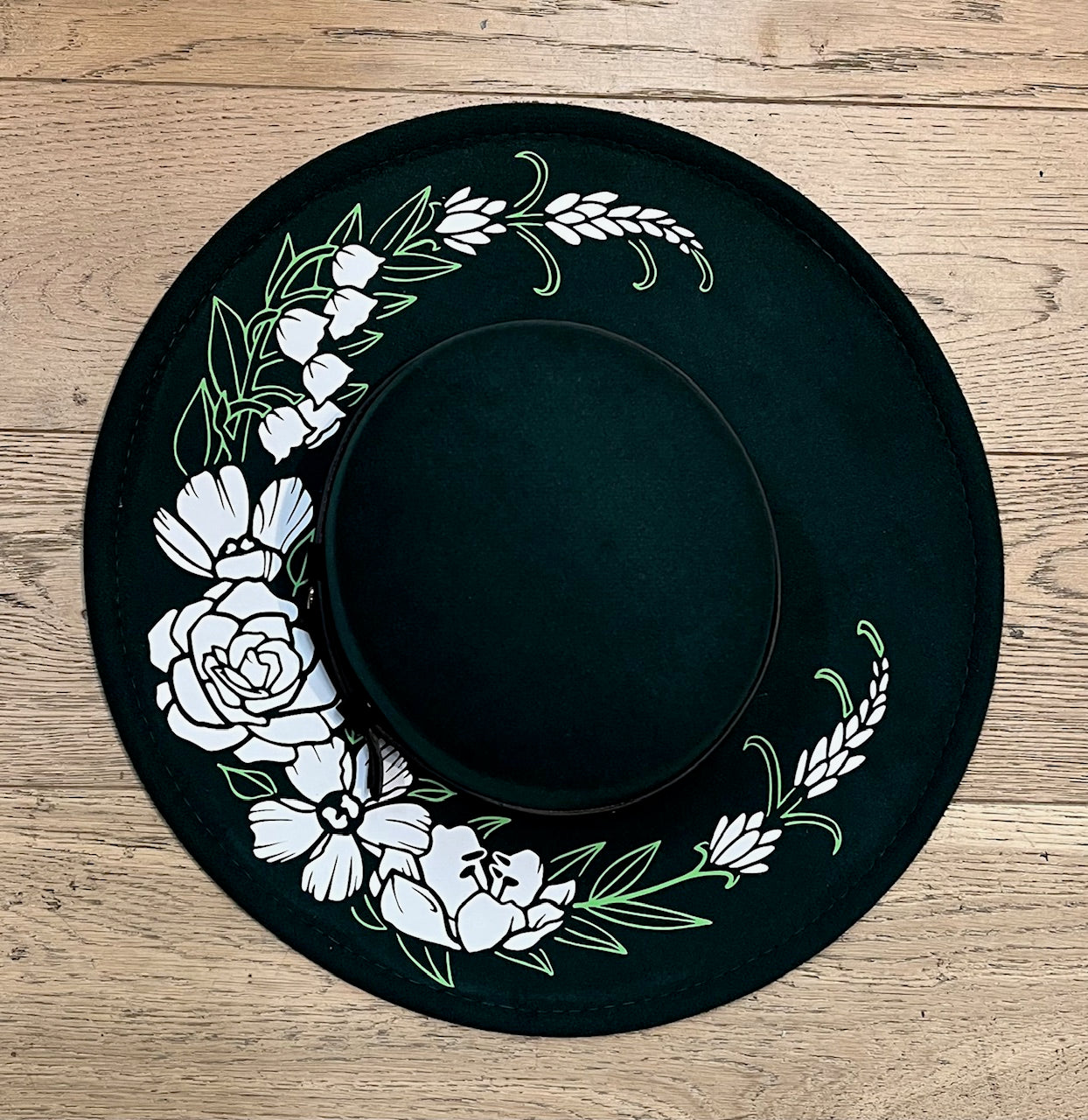 Vegan Felt Wide Brim Hat - Flat Top - Emerald - Floral Crescent Moon - -