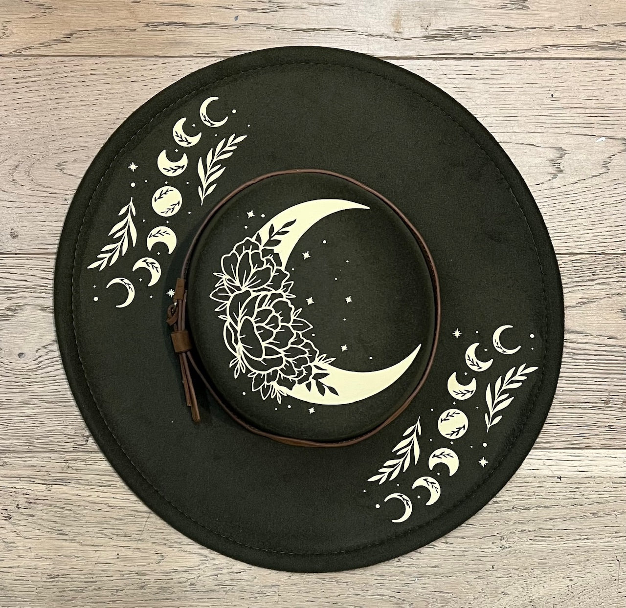 Vegan Felt Wide Brim Hat - Flat Top - Olive - Floral Moon - -