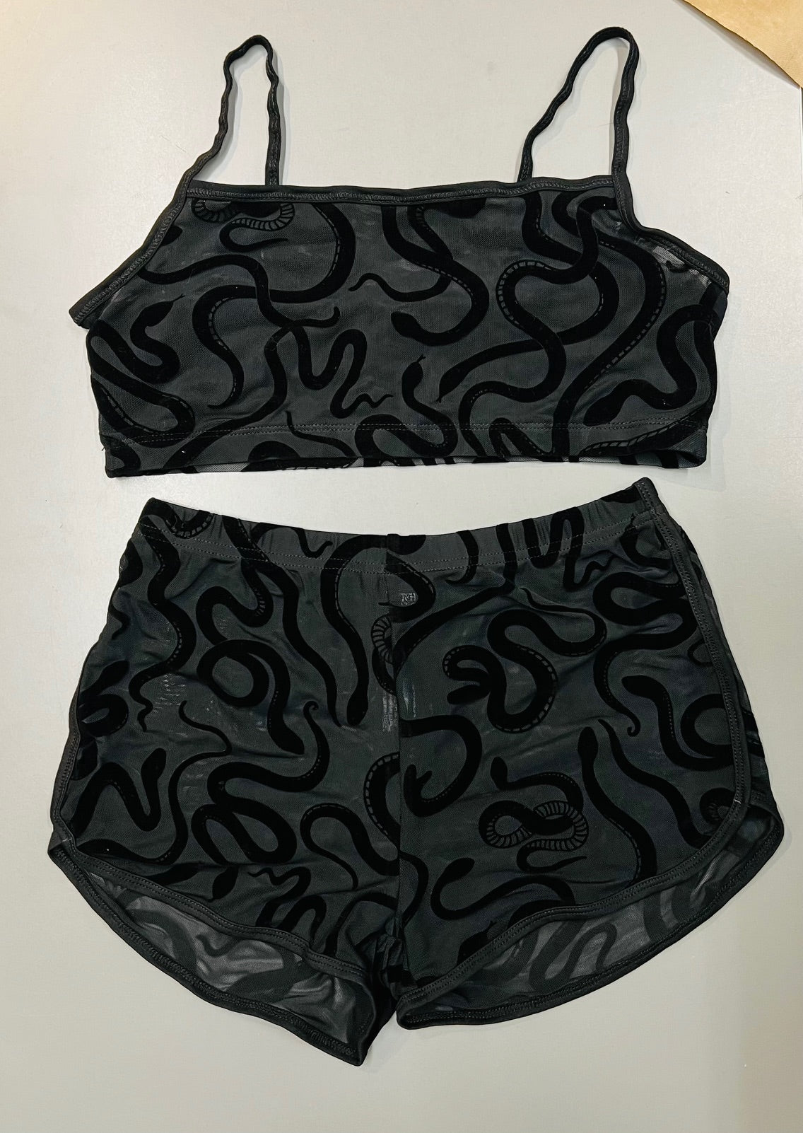 The Sinister Set - SNAKES - Sheer Velvet Flocked Snakes Bra & Shorts Set - READY To SHIP - -