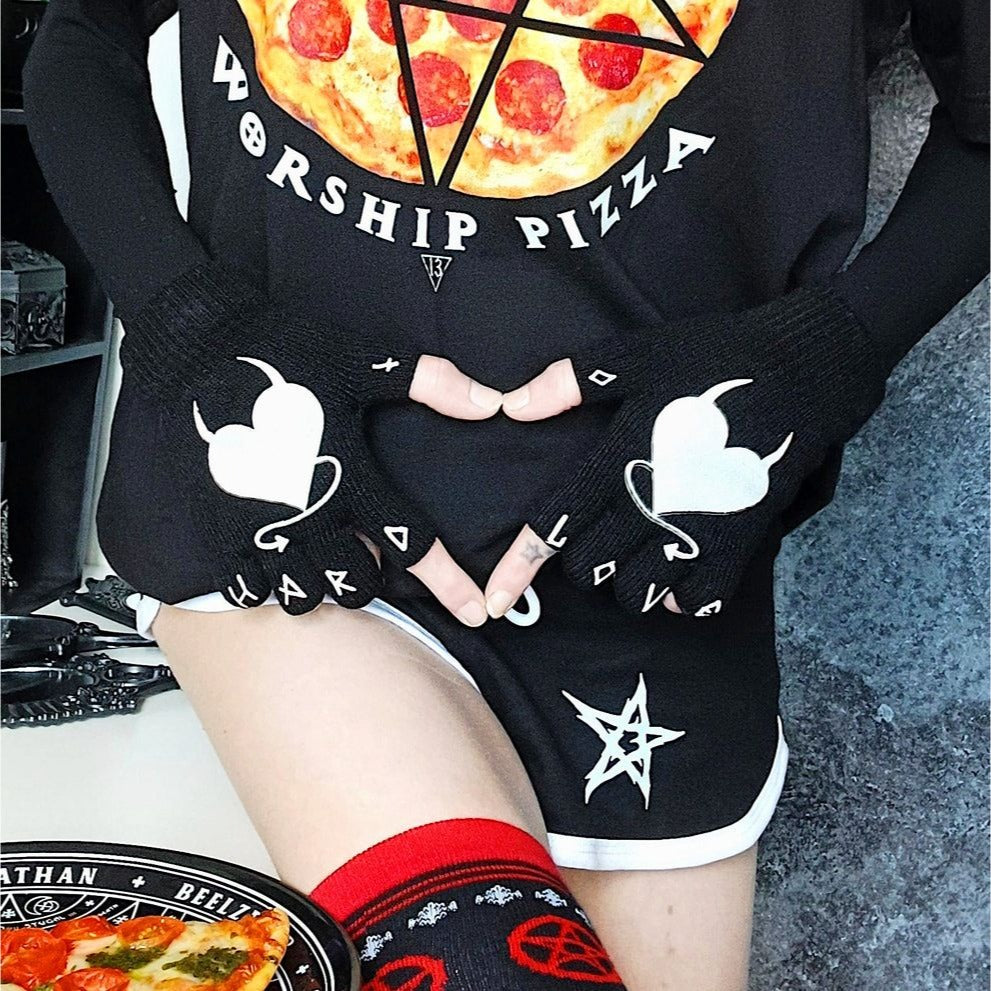 Hard Love Black Fingerless Winter Knit Gloves With Devil Heart - - Fingerless Gloves