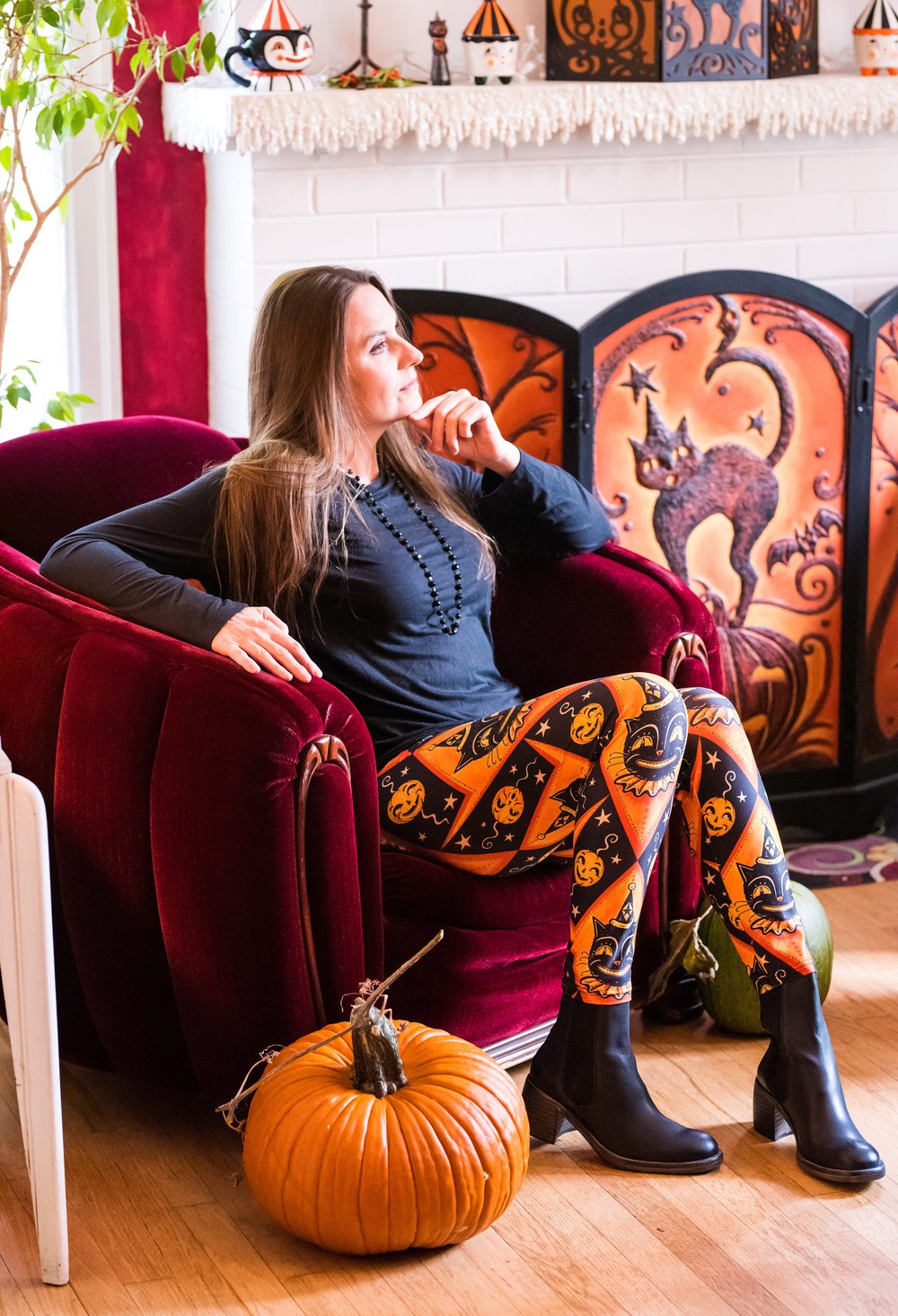 "Grinning Jack" (Johanna Parker Exclusive) Orange Vintage Cat - High-quality Handcrafted Vibrant Leggings -  - Leggings