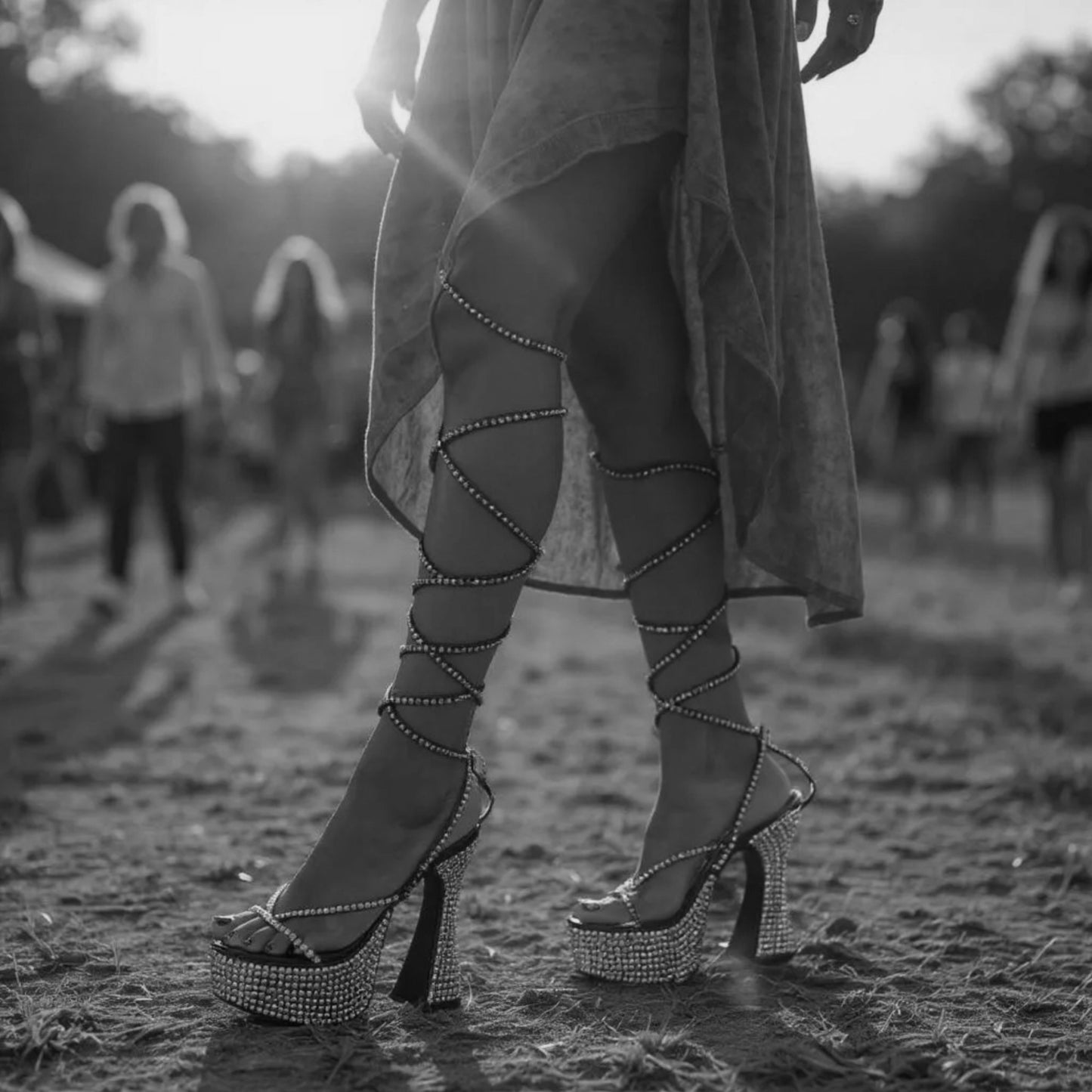 Blue Rhinestone Rave Heels – Knee-High Lace-Up Platforms 6" Heel 8