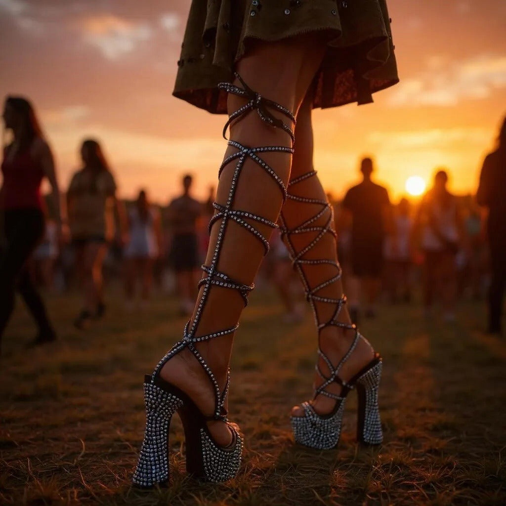 Blue Rhinestone Rave Heels – Knee-High Lace-Up Platforms 6" Heel 8