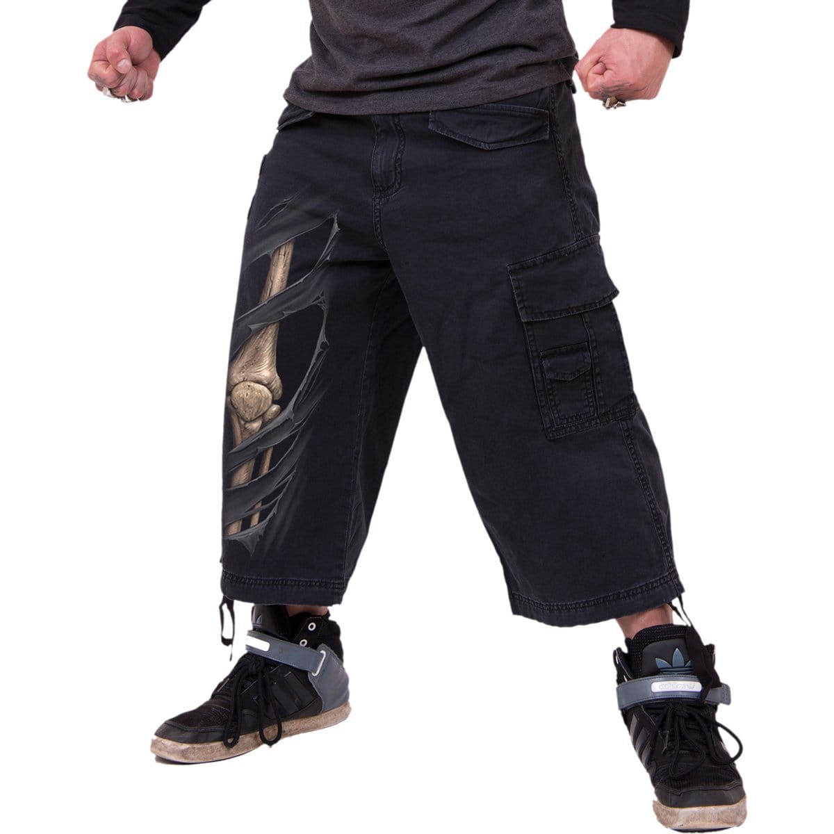 BONE RIPS - Vintage Cargo Shorts 3/4 Long Black - - Cargo Shorts