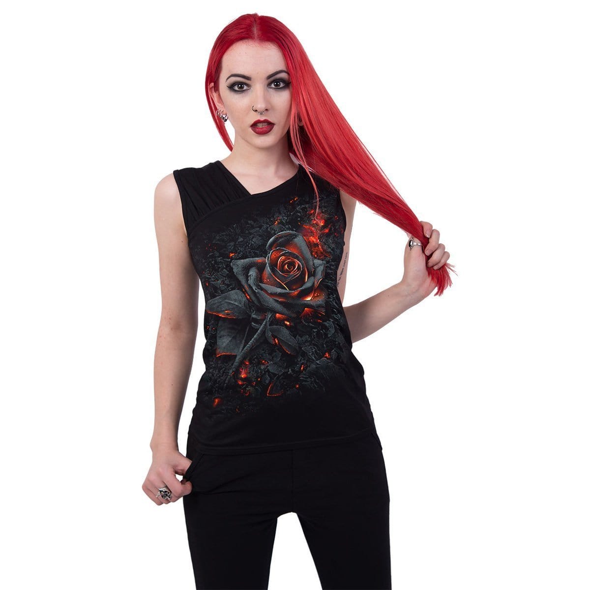 BURNT ROSE - Gathered Shoulder Slant Vest Black -  - Tops - Sleeveless