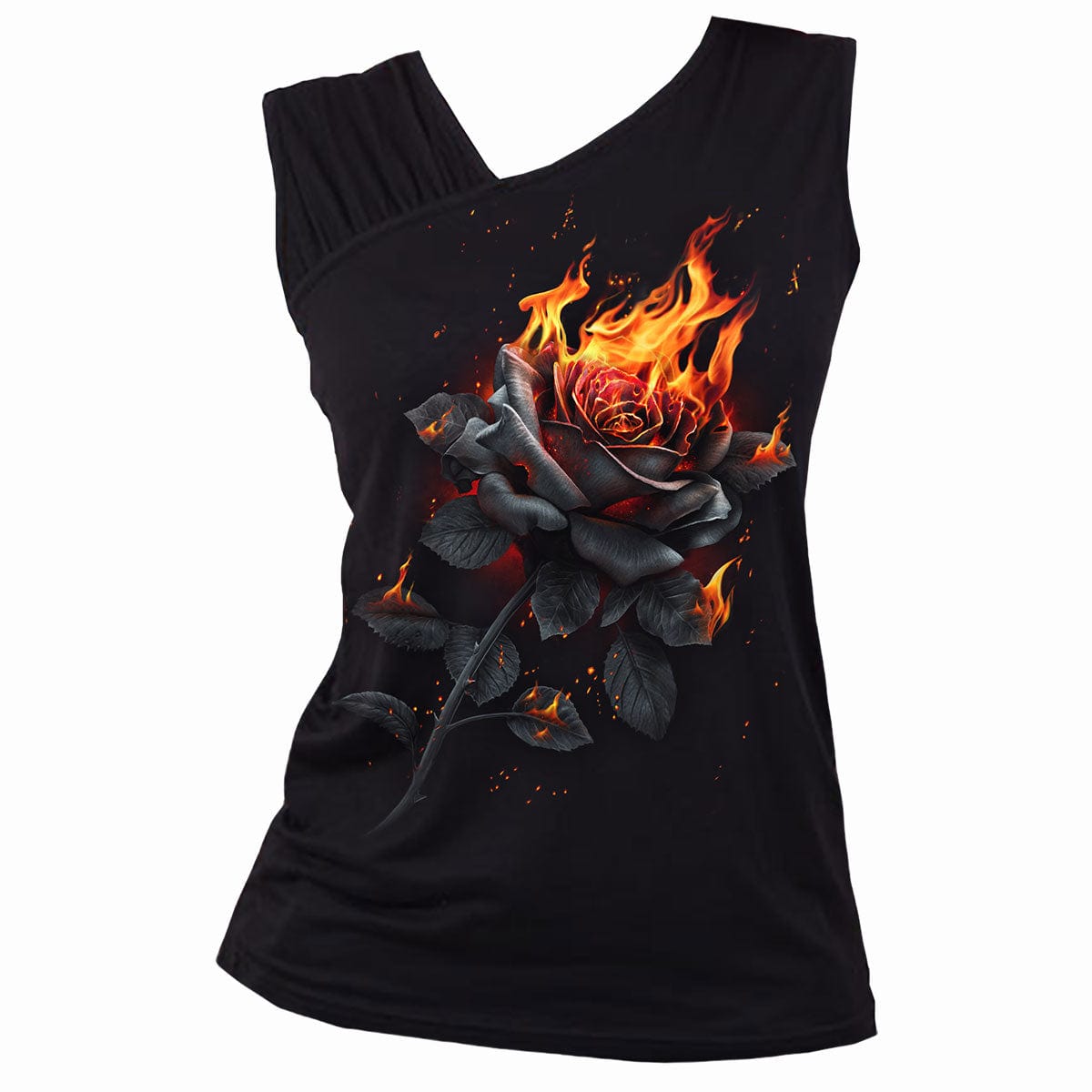 FLAMING ROSE - Gathered Shoulder Slant Vest Black - - Tops - Sleeveless