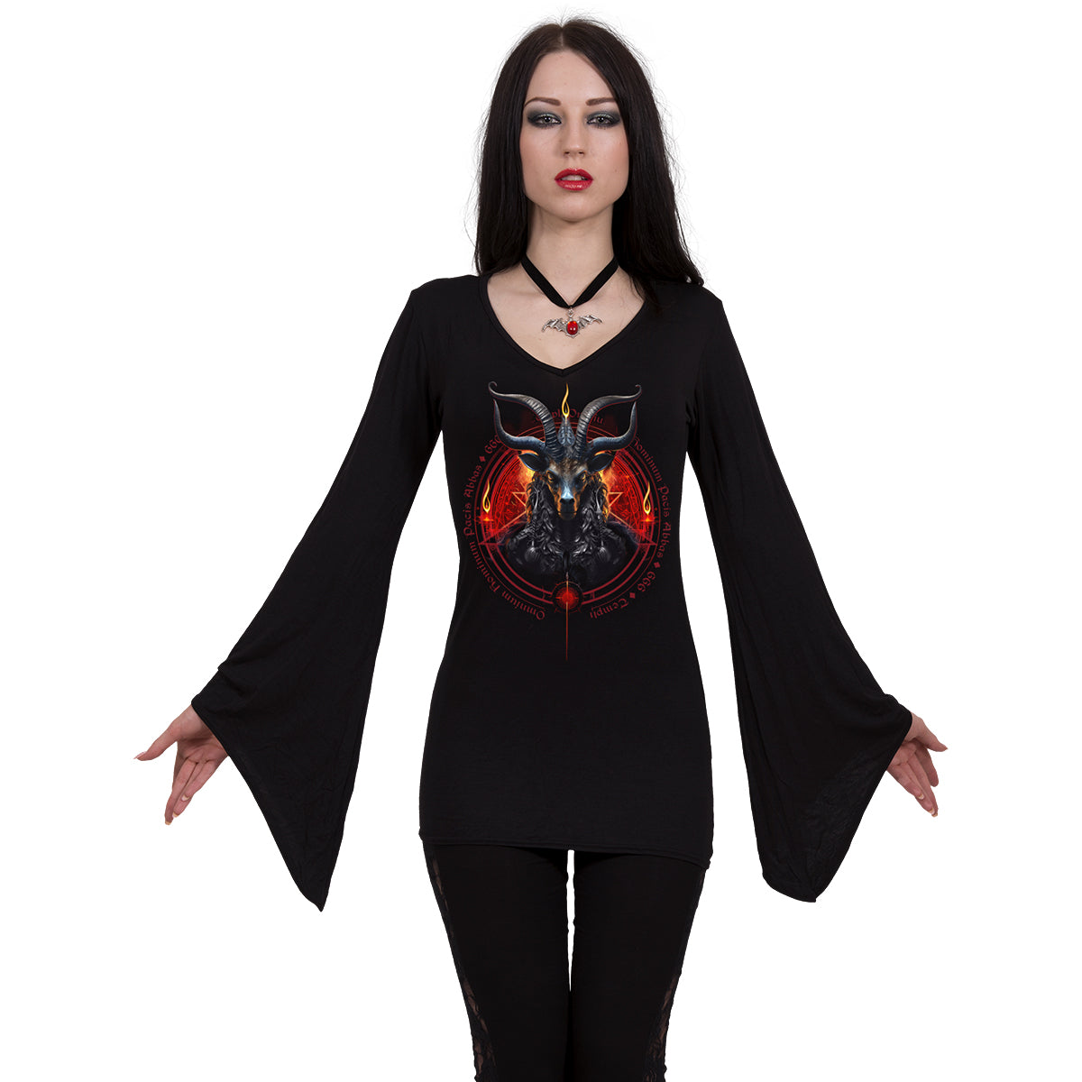BAPHOMET - V Neck Goth Sleeve Top Black - - Tops - Long Sleeve