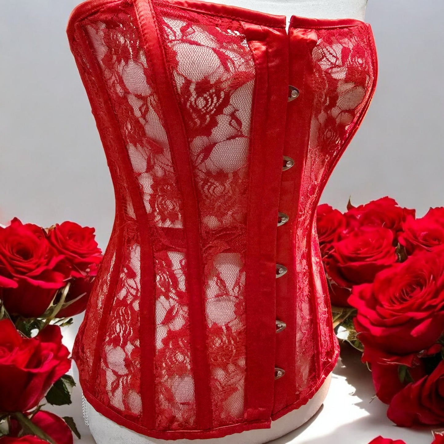 Red Lace Boning Corset Lace-up Top Sheer -  - Corset
