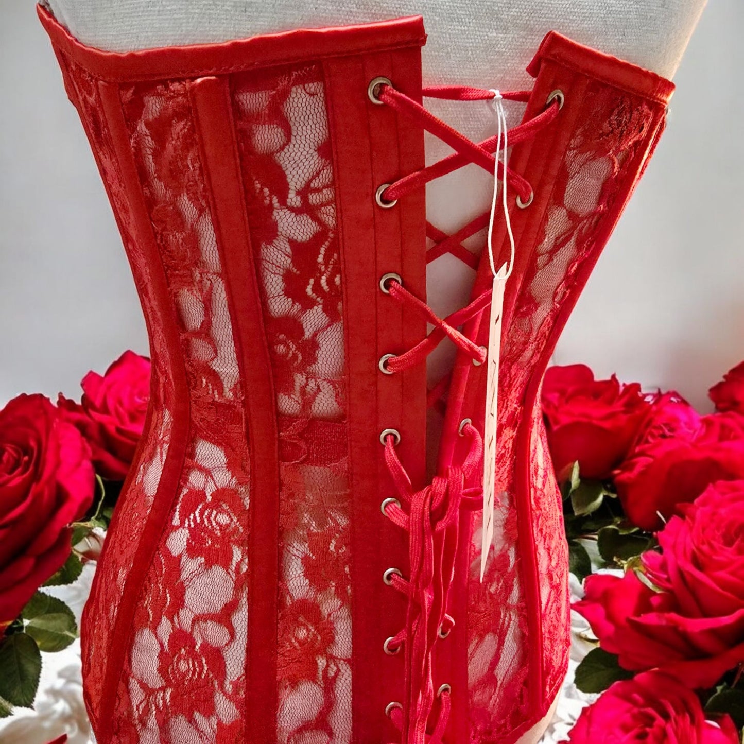 Red Lace Boning Corset Lace-up Top Sheer -  - Corset