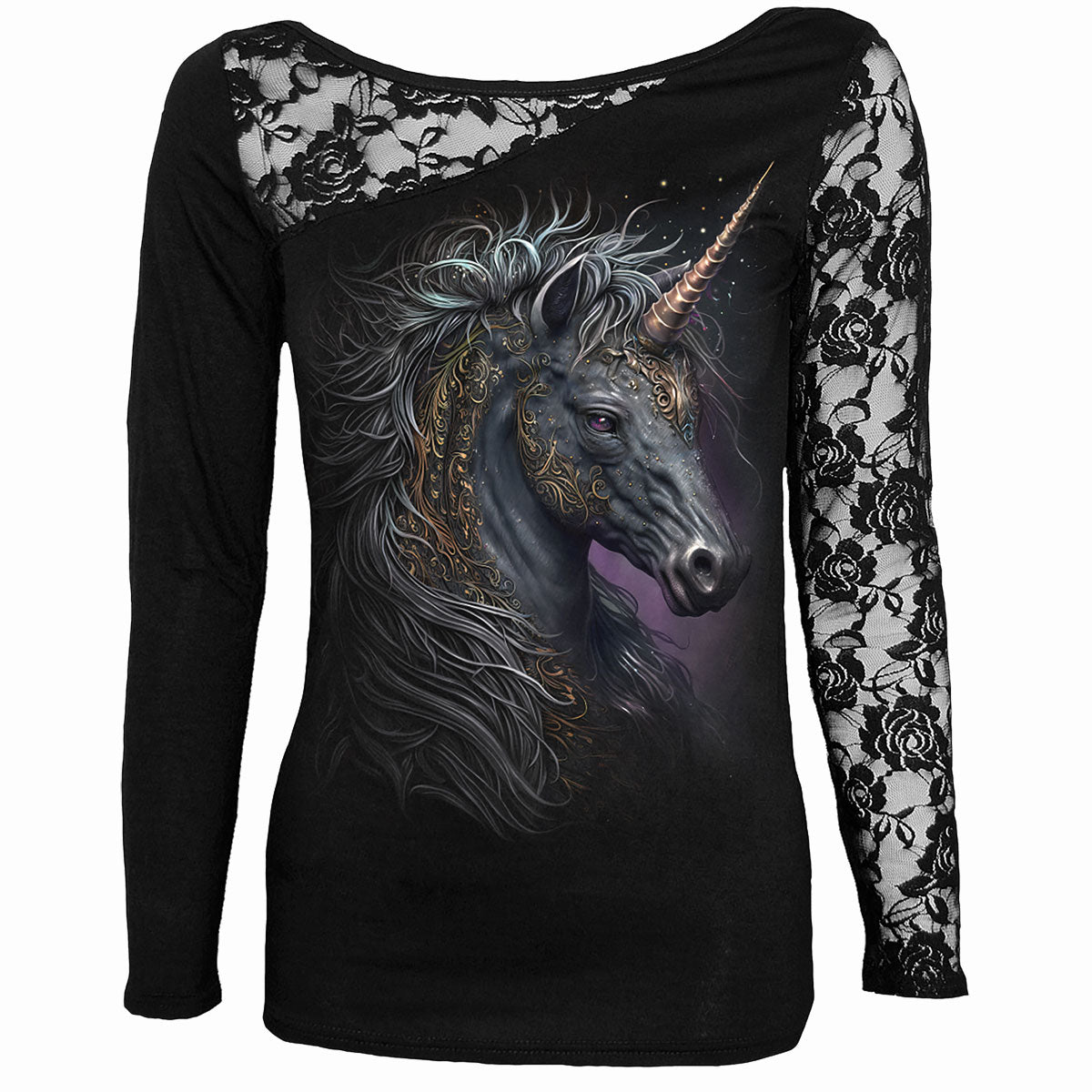 CELTIC UNICORN - Lace One Shoulder Top Black -  - Tops - Long Sleeve