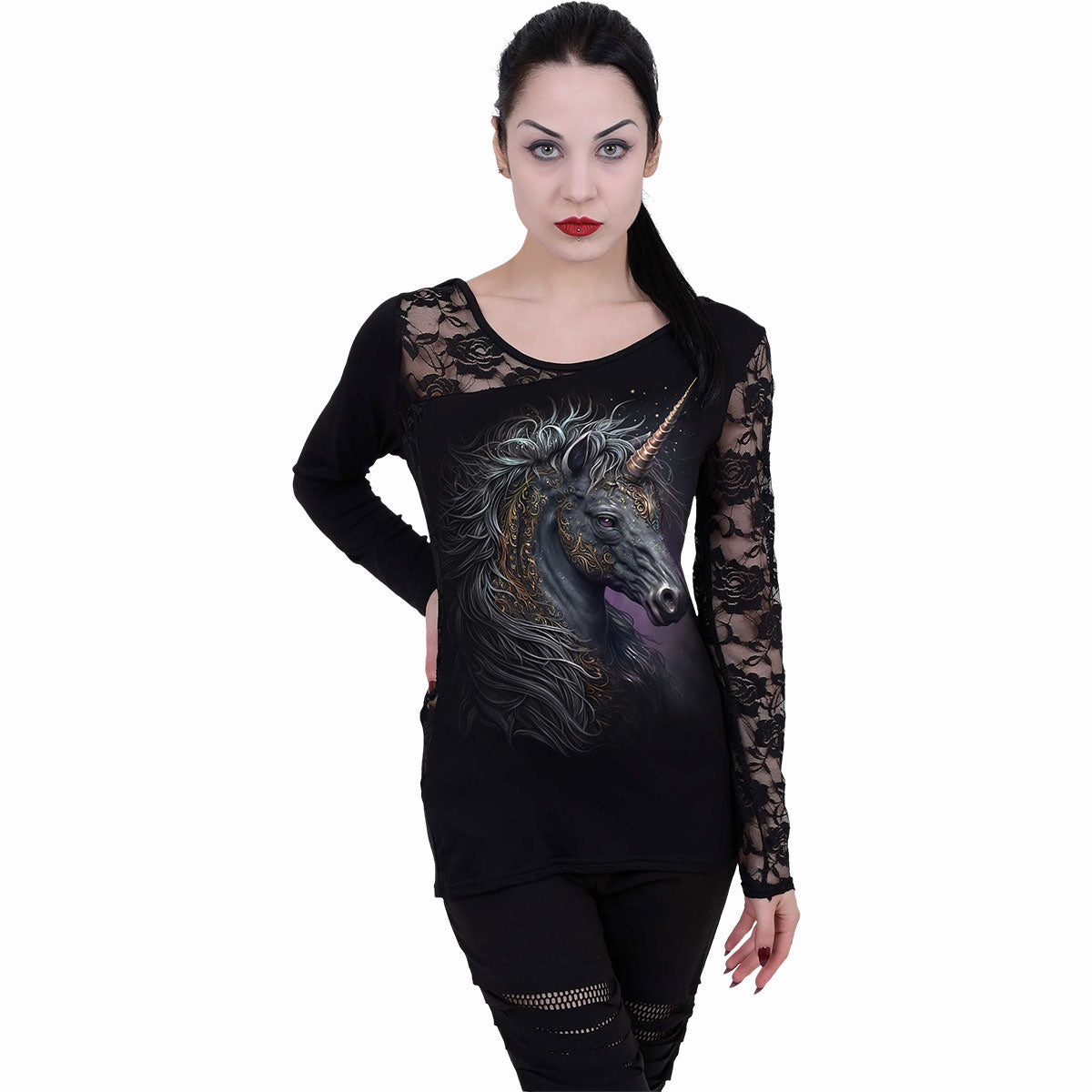 CELTIC UNICORN - Lace One Shoulder Top Black -  - Tops - Long Sleeve