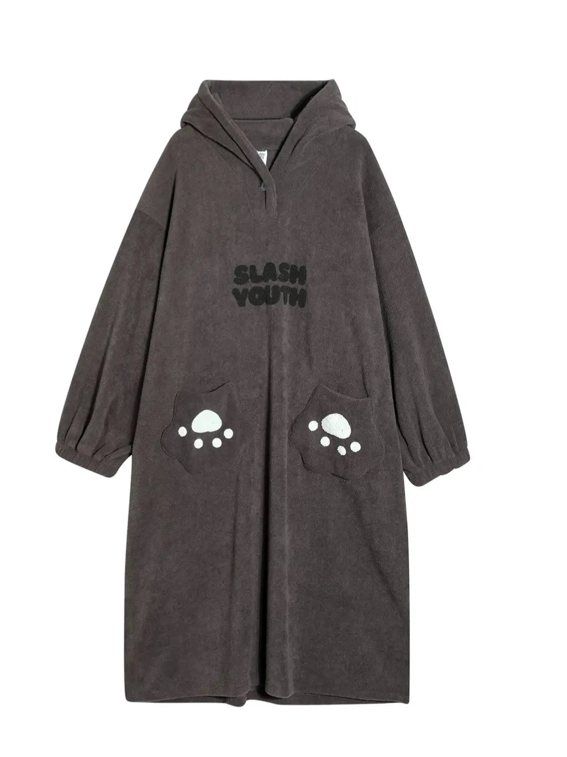 ‘Baby Bear’ Kawaii Fleece Pajama Gown – Cozy Ghost Kitty Loungewear with Bear Paw Print & Pockets -  - Robes
