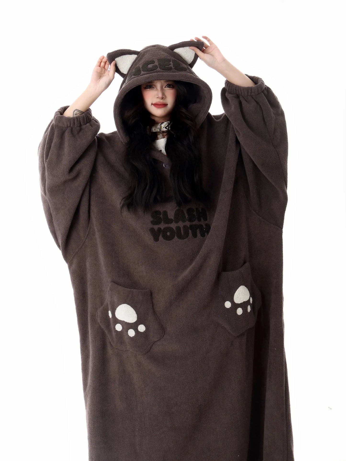 ‘Baby Bear’ Kawaii Fleece Pajama Gown – Cozy Ghost Kitty Loungewear with Bear Paw Print & Pockets -  - Robes