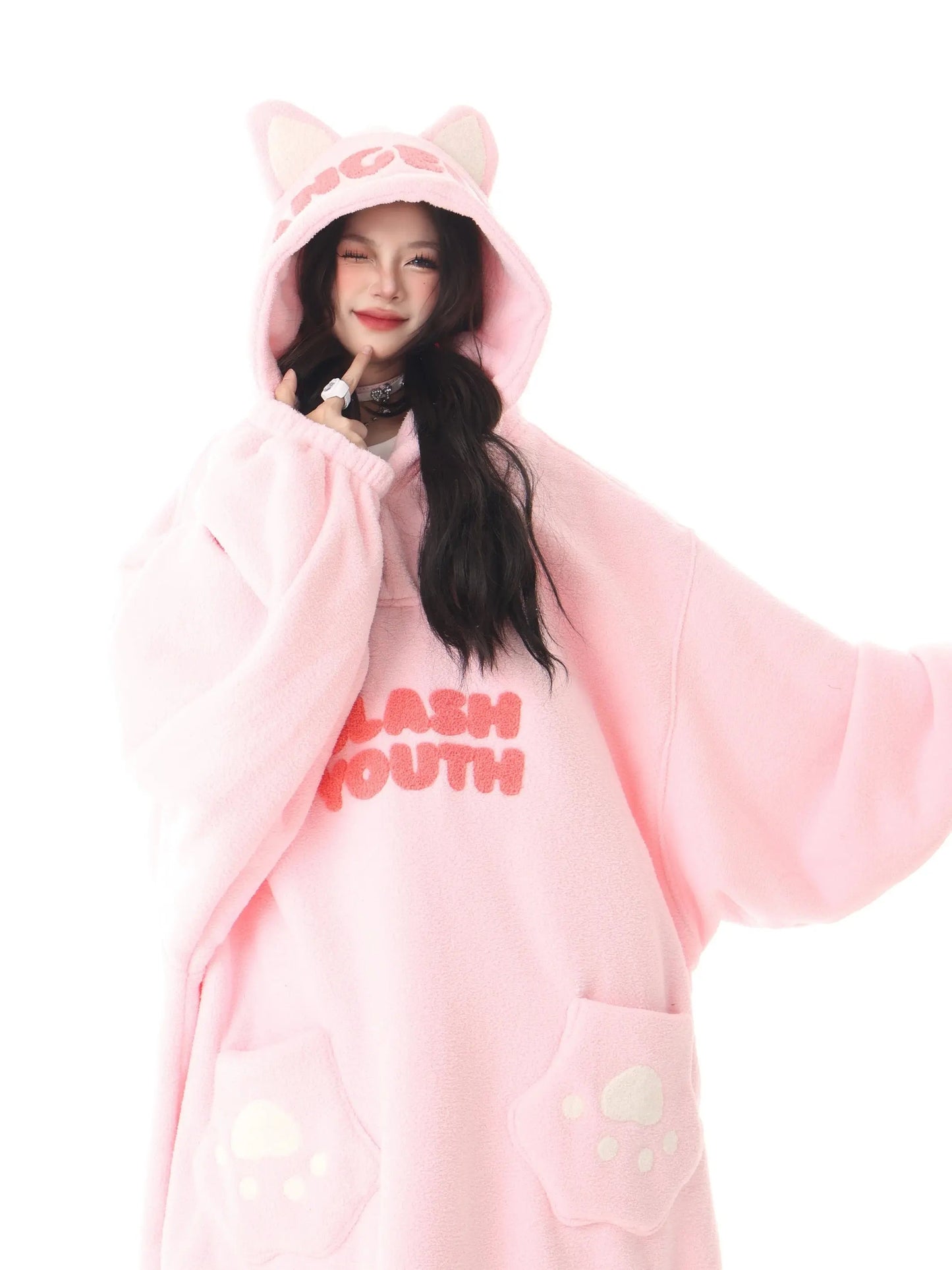 ‘Baby Bear’ Kawaii Fleece Pajama Gown – Cozy Ghost Kitty Loungewear with Bear Paw Print & Pockets -  - Robes