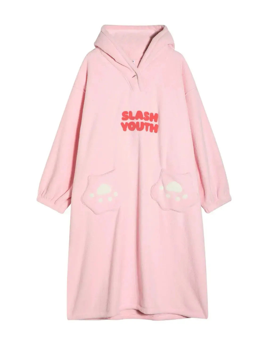 ‘Baby Bear’ Kawaii Fleece Pajama Gown – Cozy Ghost Kitty Loungewear with Bear Paw Print & Pockets -  - Robes