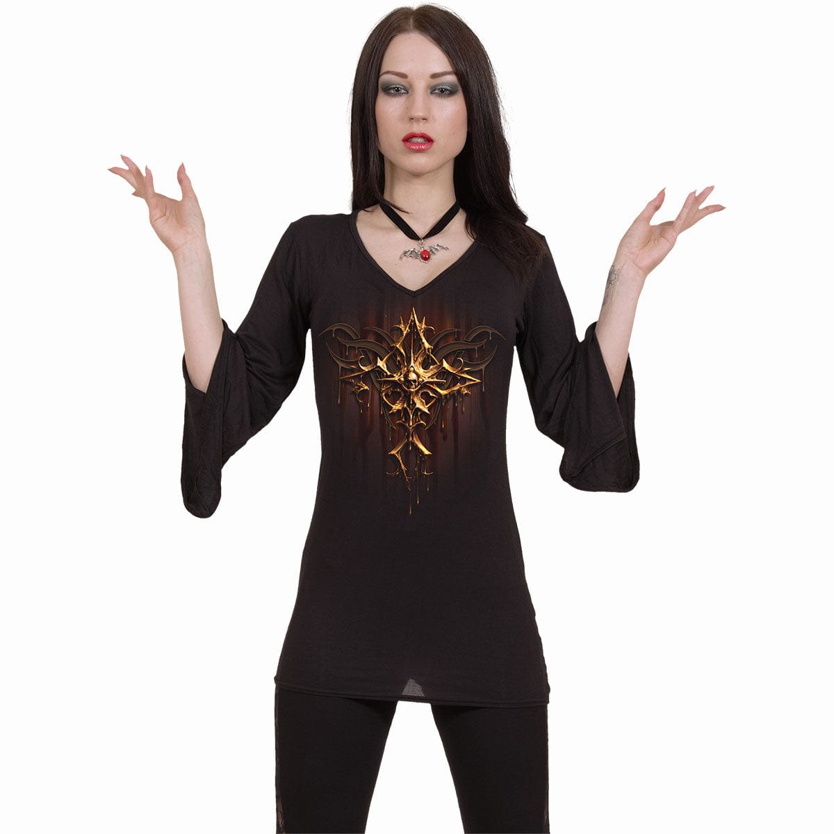 DRIPPING GOLD - V Neck Goth Sleeve Top Black - - Tops - Long Sleeve