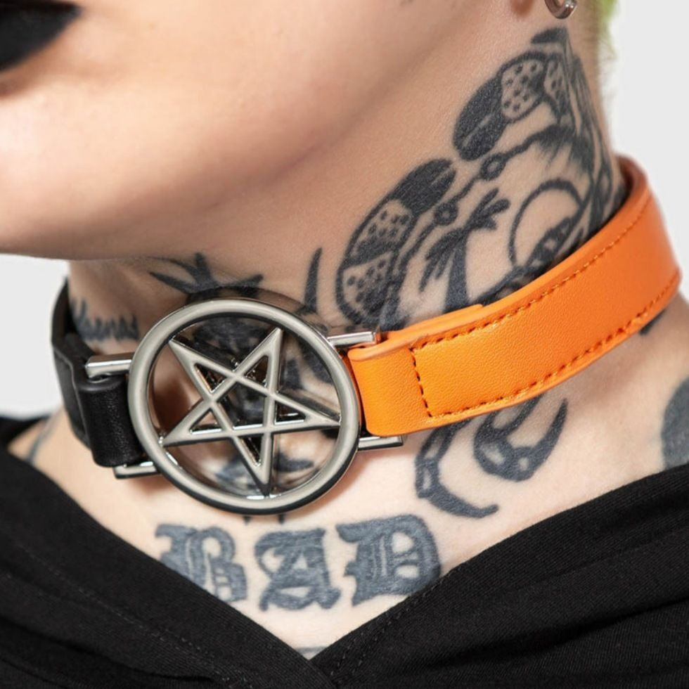 Penta Half Choker Black/Orange Vegan Leather Pentagram Charm -  - Necklaces