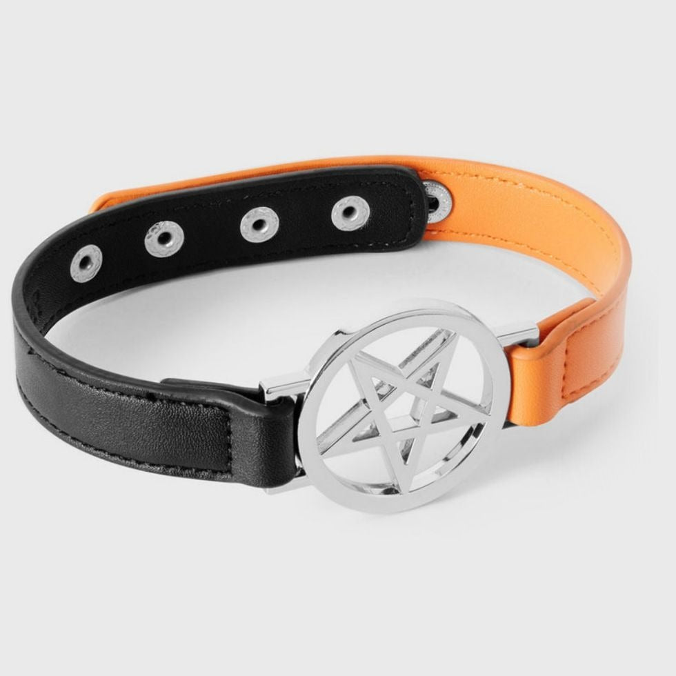 Penta Half Choker Black/Orange Vegan Leather Pentagram Charm -  - Necklaces