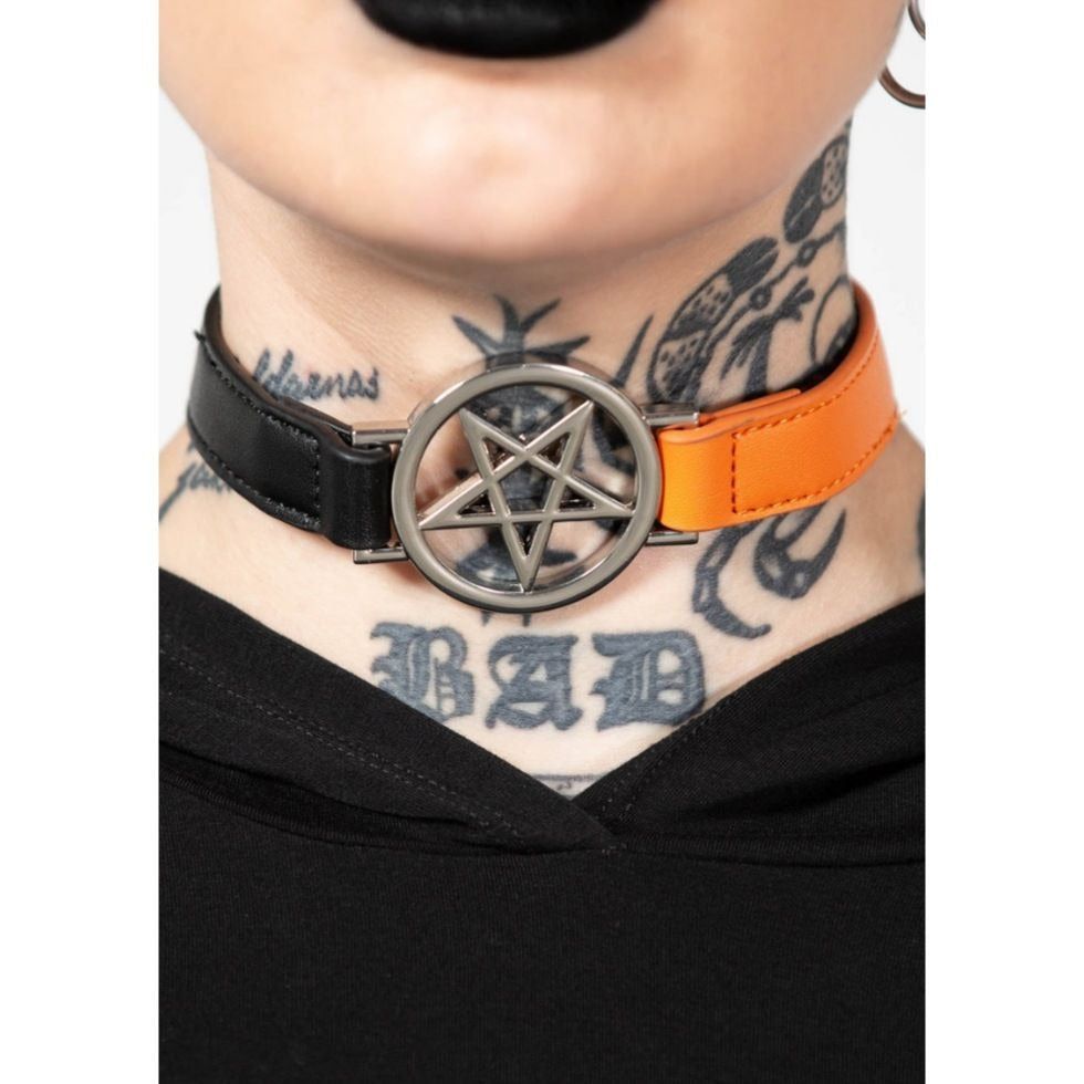 Penta Half Choker Black/Orange Vegan Leather Pentagram Charm -  - Necklaces