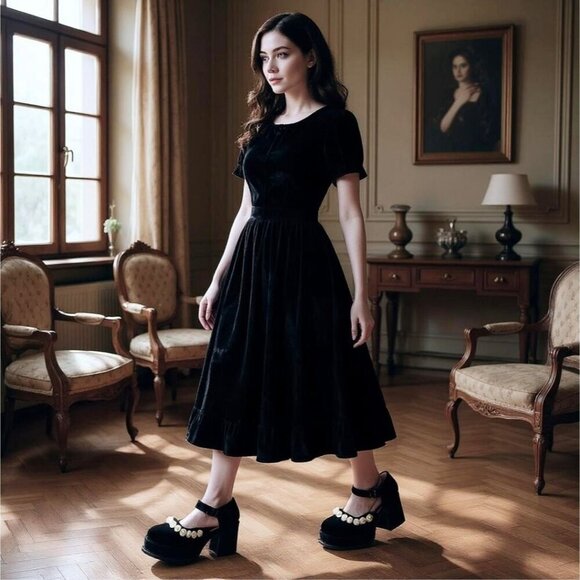 Black Velvet Rose Appliqué Platform Mary Janes with Chunky Heel