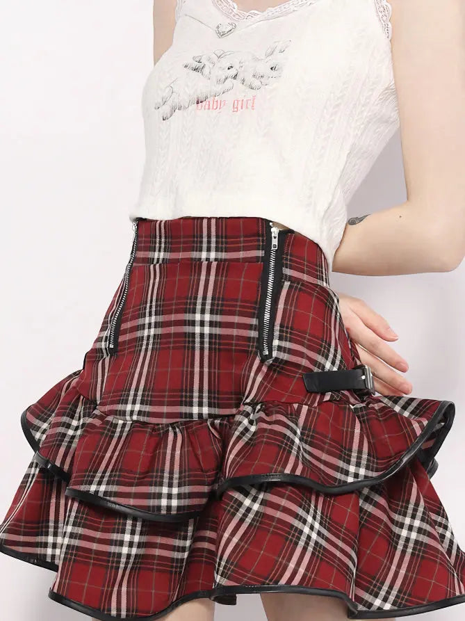 ‘Agitator’ Harajuku Punk Skirt – Red Checkerboard Mini with Buckle Detail for Kawaii Goth & Creepy Cute Style -  - Skirts