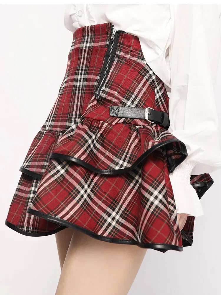 ‘Agitator’ Harajuku Punk Skirt – Red Checkerboard Mini with Buckle Detail for Kawaii Goth & Creepy Cute Style -  - Skirts