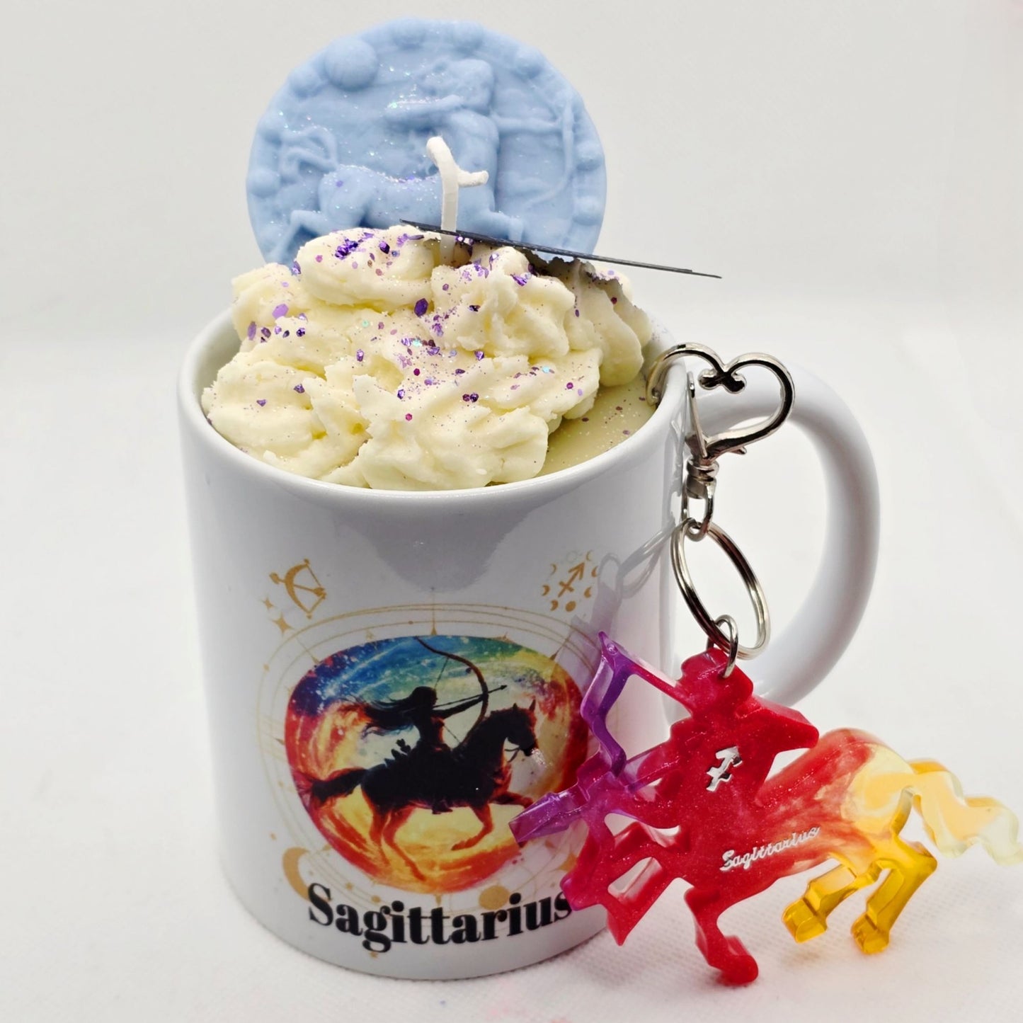 Sagittarius Zodiac Candle Gift Set – 11oz Layered Mug Candle + Resin Keychain