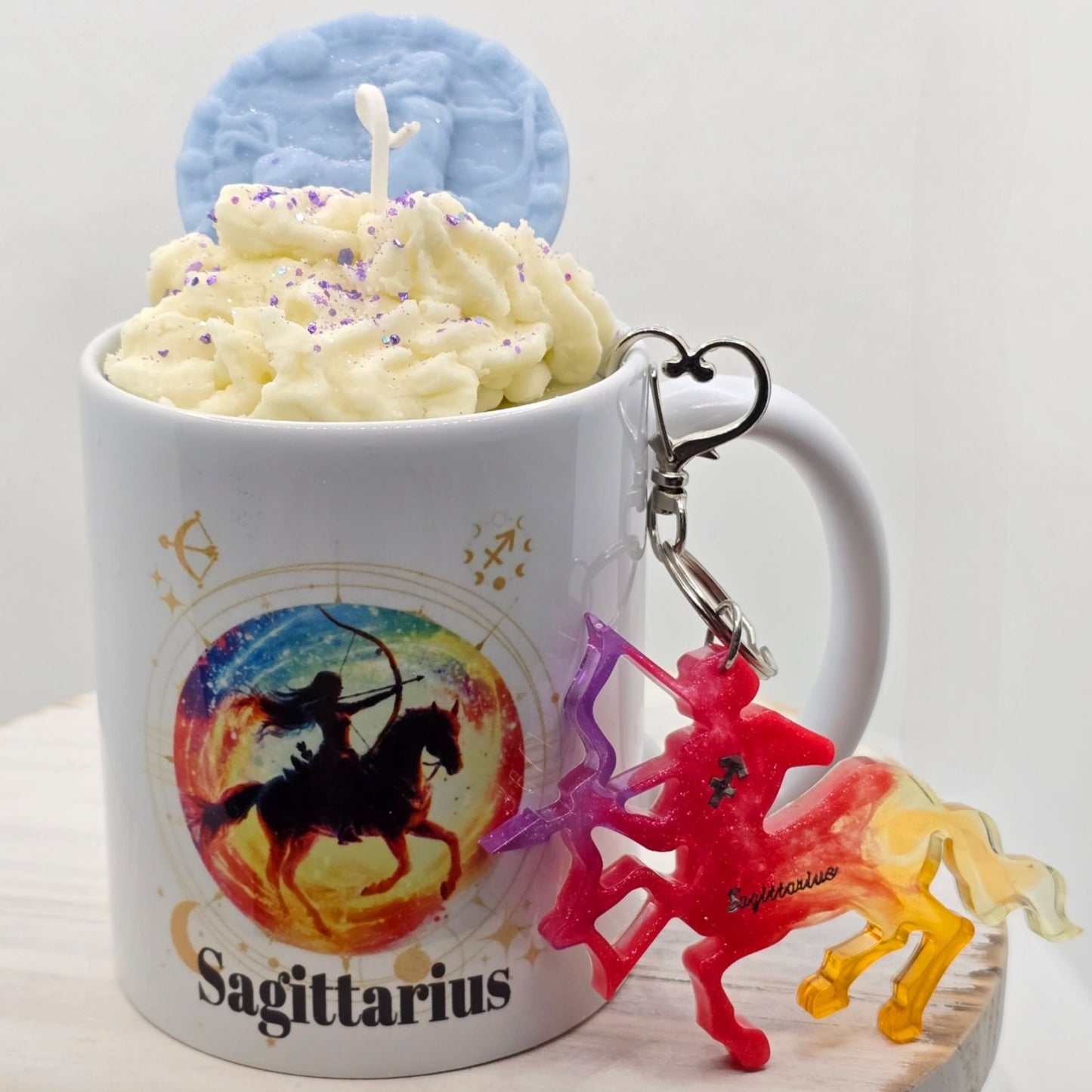 Sagittarius Zodiac Candle Gift Set – 11oz Layered Mug Candle + Resin Keychain