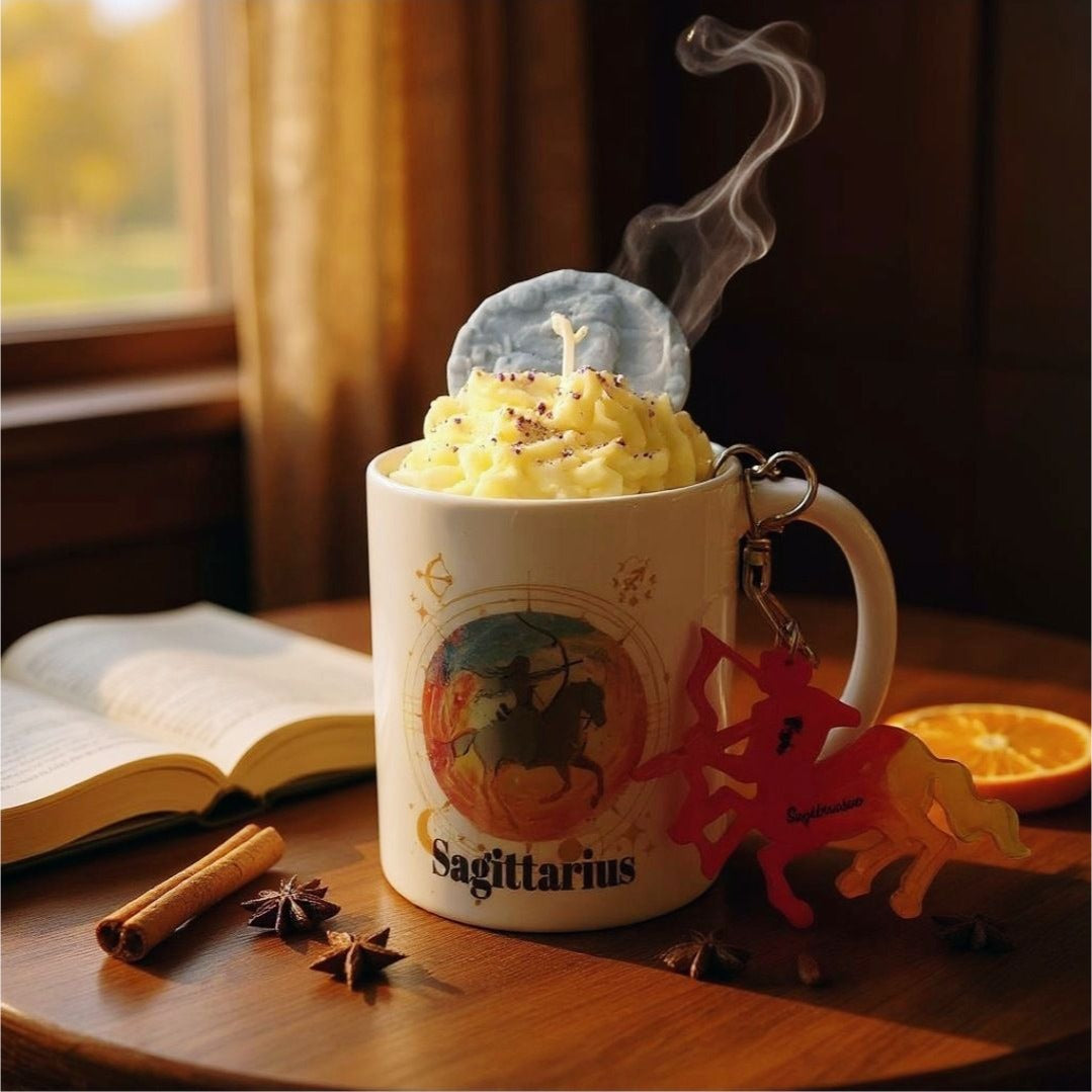 Sagittarius Zodiac Candle Gift Set – 11oz Layered Mug Candle + Resin Keychain