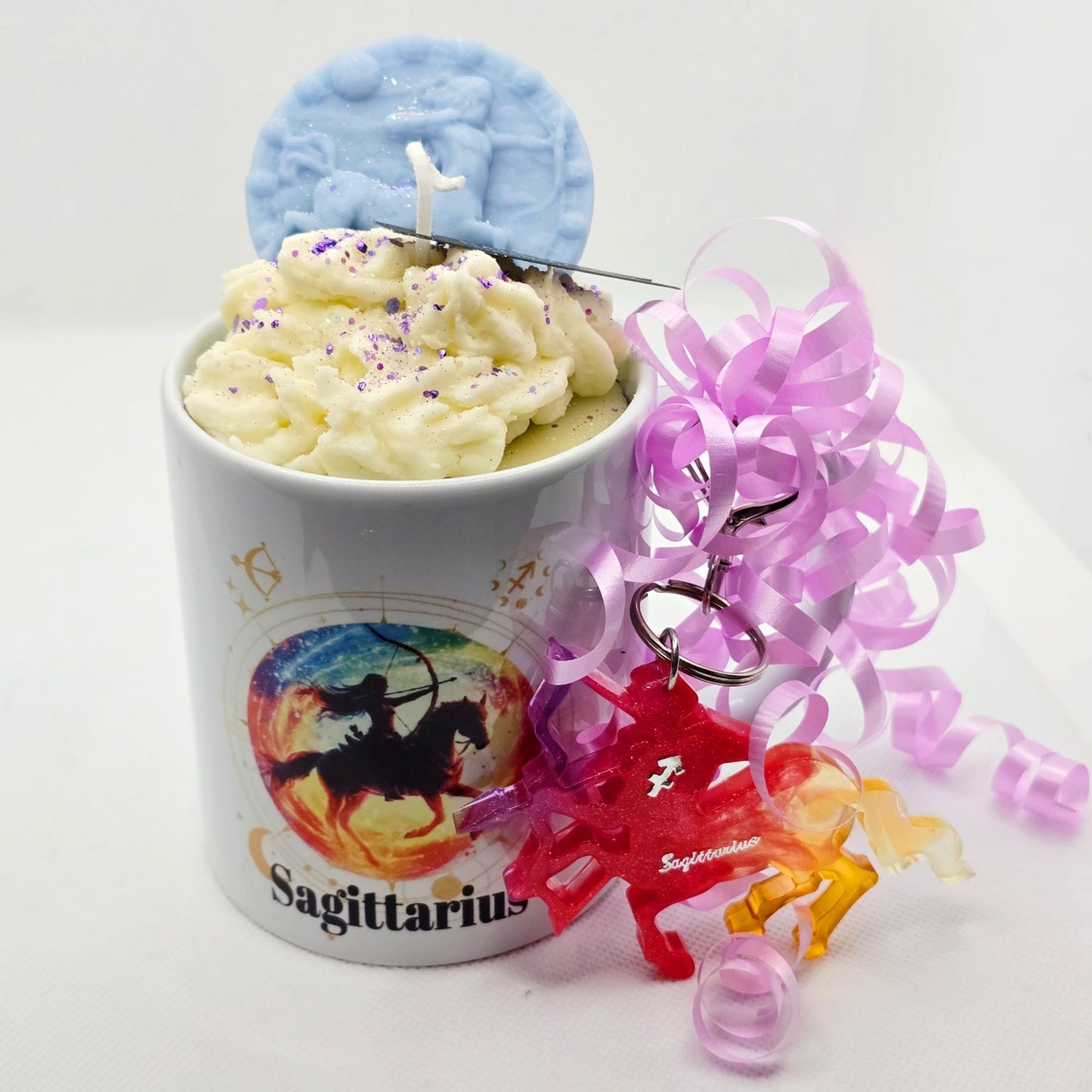 Sagittarius Zodiac Candle Gift Set – 11oz Layered Mug Candle + Resin Keychain
