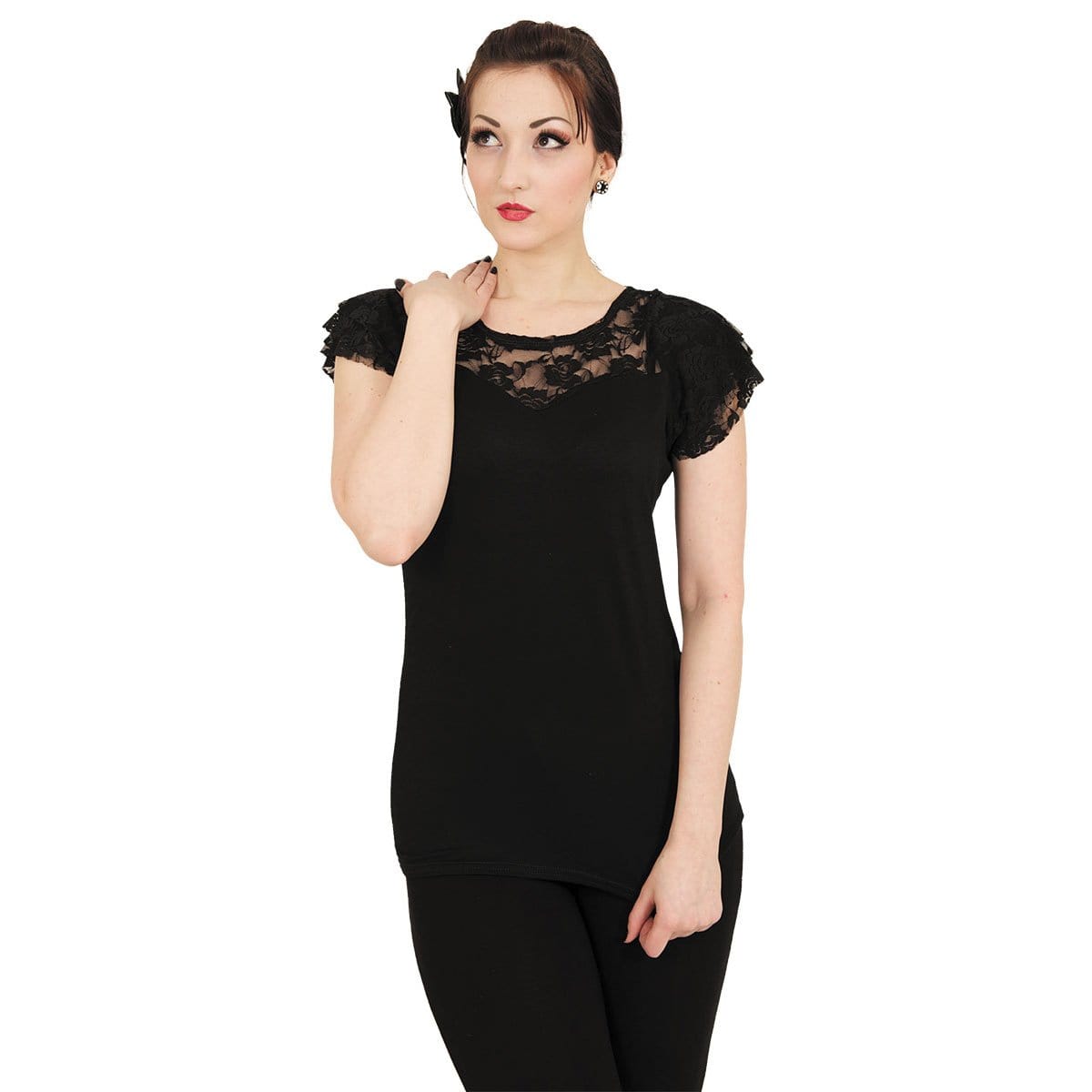 GOTHIC ELEGANCE - Lace Layered Cap Sleeve Top Black - - Tops - Short Sleeve